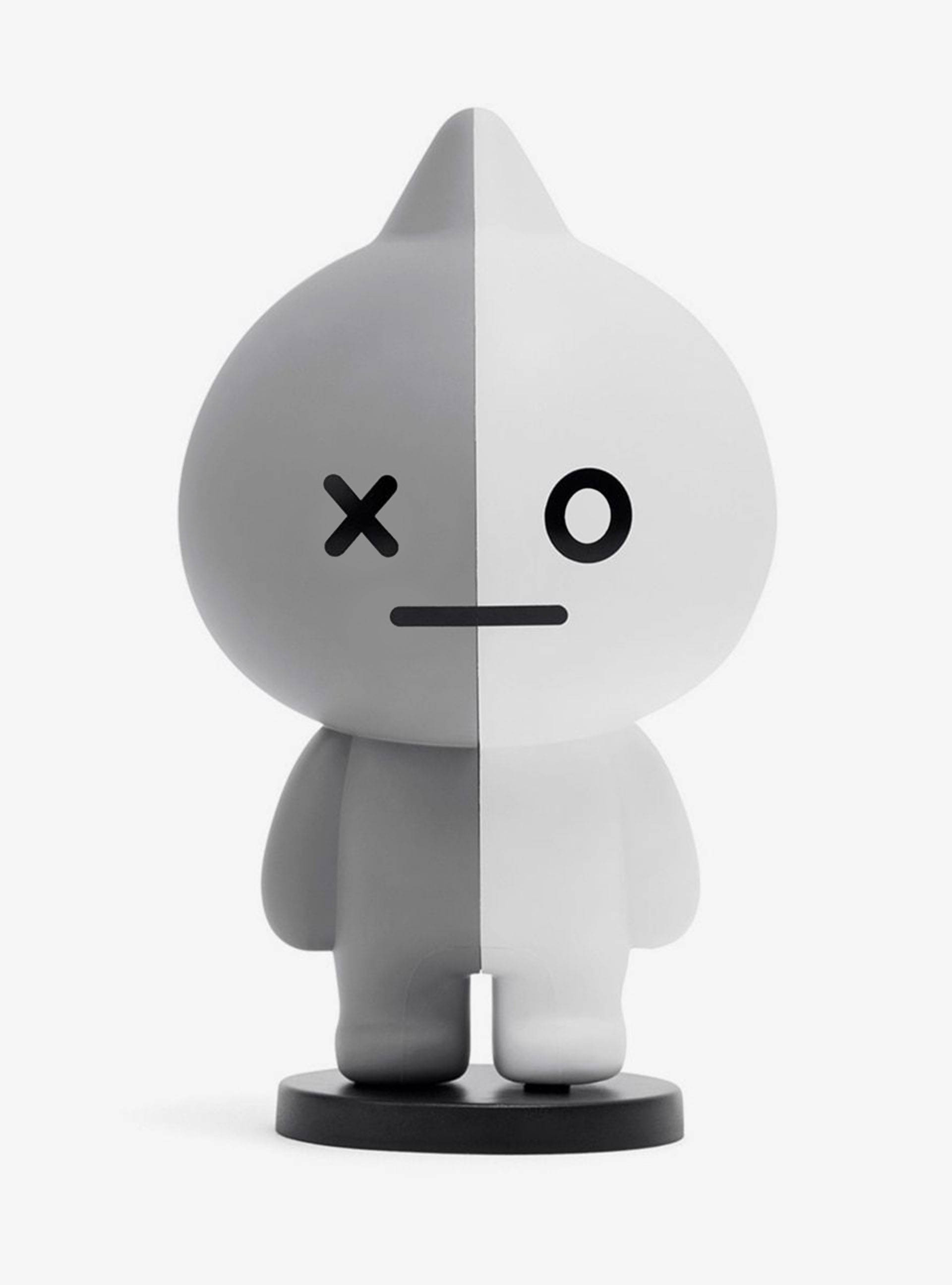 van bt21 桌布 壁紙 — 一個極簡主義人偶從中間一分為二，一側灰色，一側白色，呈現對比鮮明的面部表情。