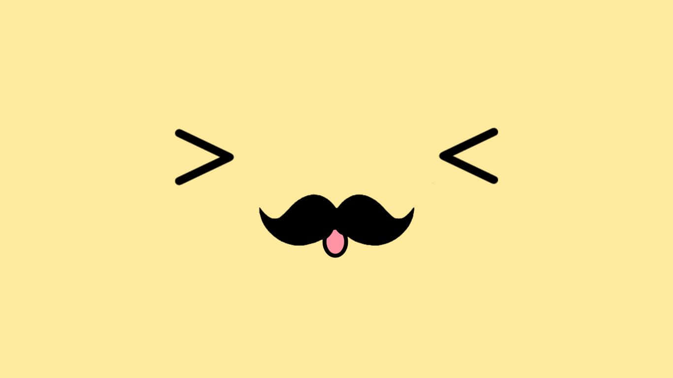 Mustache 桌布 壁紙 — 一個極簡主義卡通臉，有黑色鬍鬚和粉紅色舌頭伸出，背景是淡黃色。