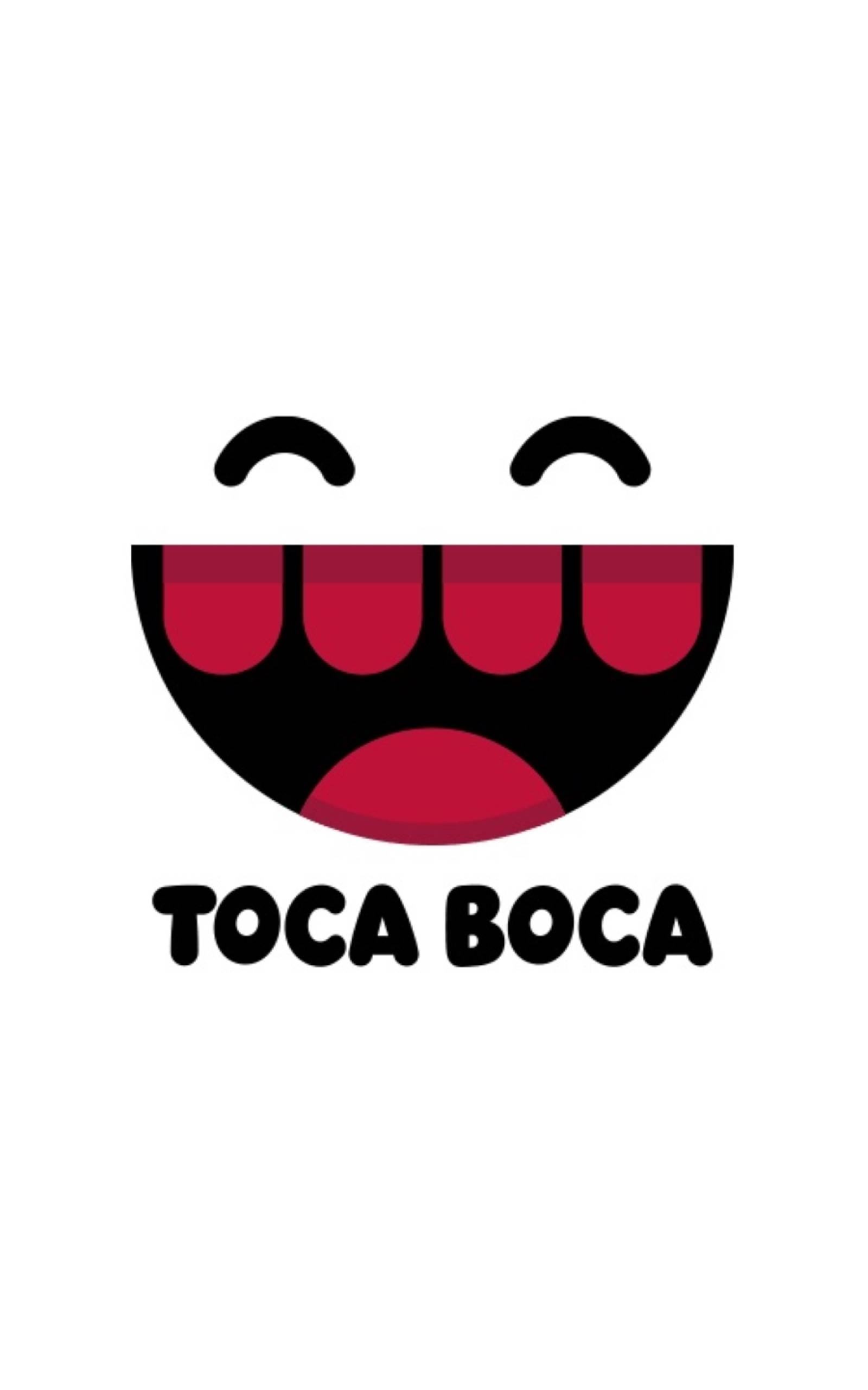 Toca 桌布 壁紙 — 一個極簡主義卡通臉孔，帶有寬闊的紅色微笑和閉上的眼睛，背景為白色，並帶有 'TOCA BOCA' 文字。