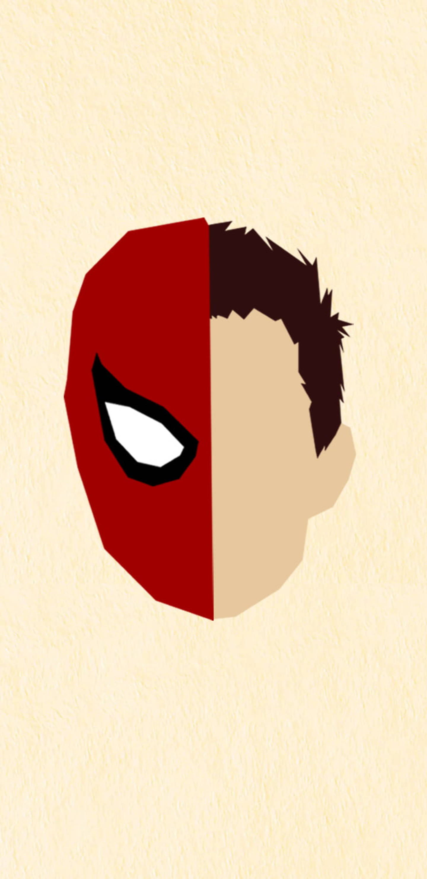 Peter Parker 桌布 壁紙 — 一個極簡主義的分面插圖，顯示一半紅色蜘蛛人面具和一半深色頭髮的人臉，背景為米色紋理。