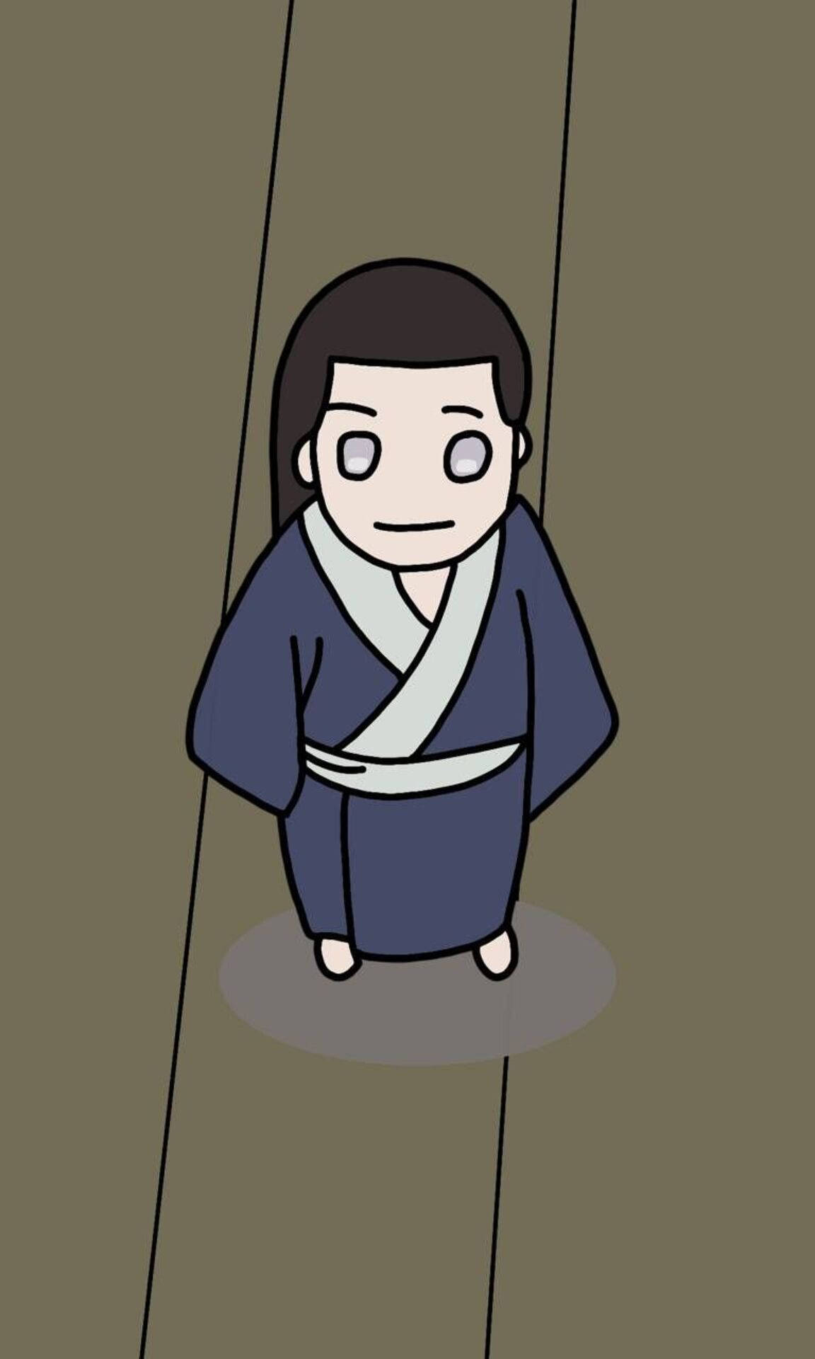 Neji 桌布 壁紙 — 一個極簡主義的卡通人物穿著藍色和服，站在兩條垂直線之間，背景為柔和的棕色。