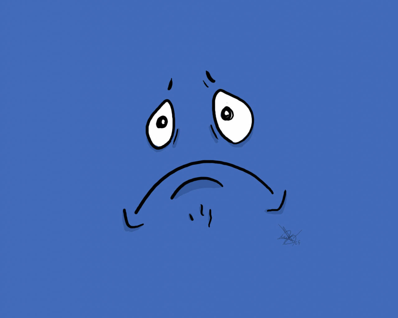 Cute Sad 桌布 壁紙 — 一個極簡主義的卡通臉，有大眼睛和皺眉的嘴巴，放在純藍色背景上。