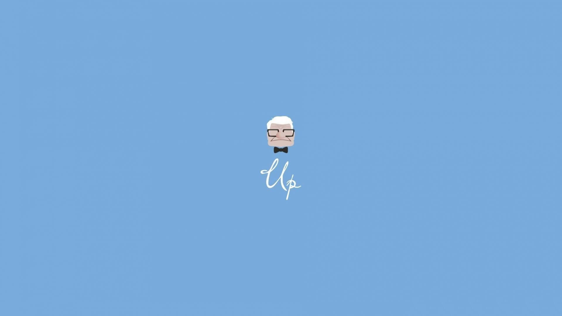 Up 桌布 壁紙 — 一個極簡主義的卡通臉孔，戴著眼鏡和領結，漂浮在純藍色背景上，下方寫著「Up」這個字。