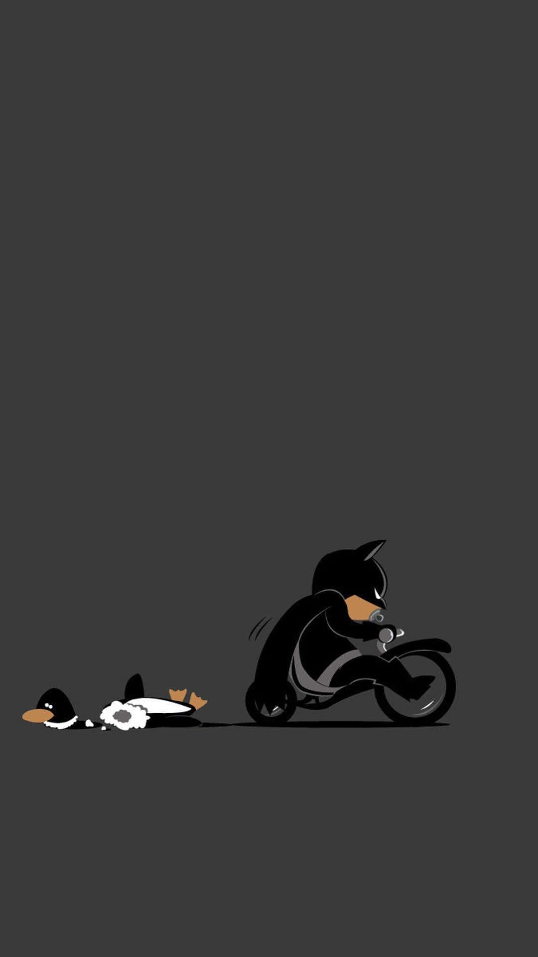 Funny Cartoon iPhone 桌布 壁紙 — 一個極簡主義的卡通蝙蝠俠在深灰色背景上騎摩托車經過一隻倒下的企鵝。