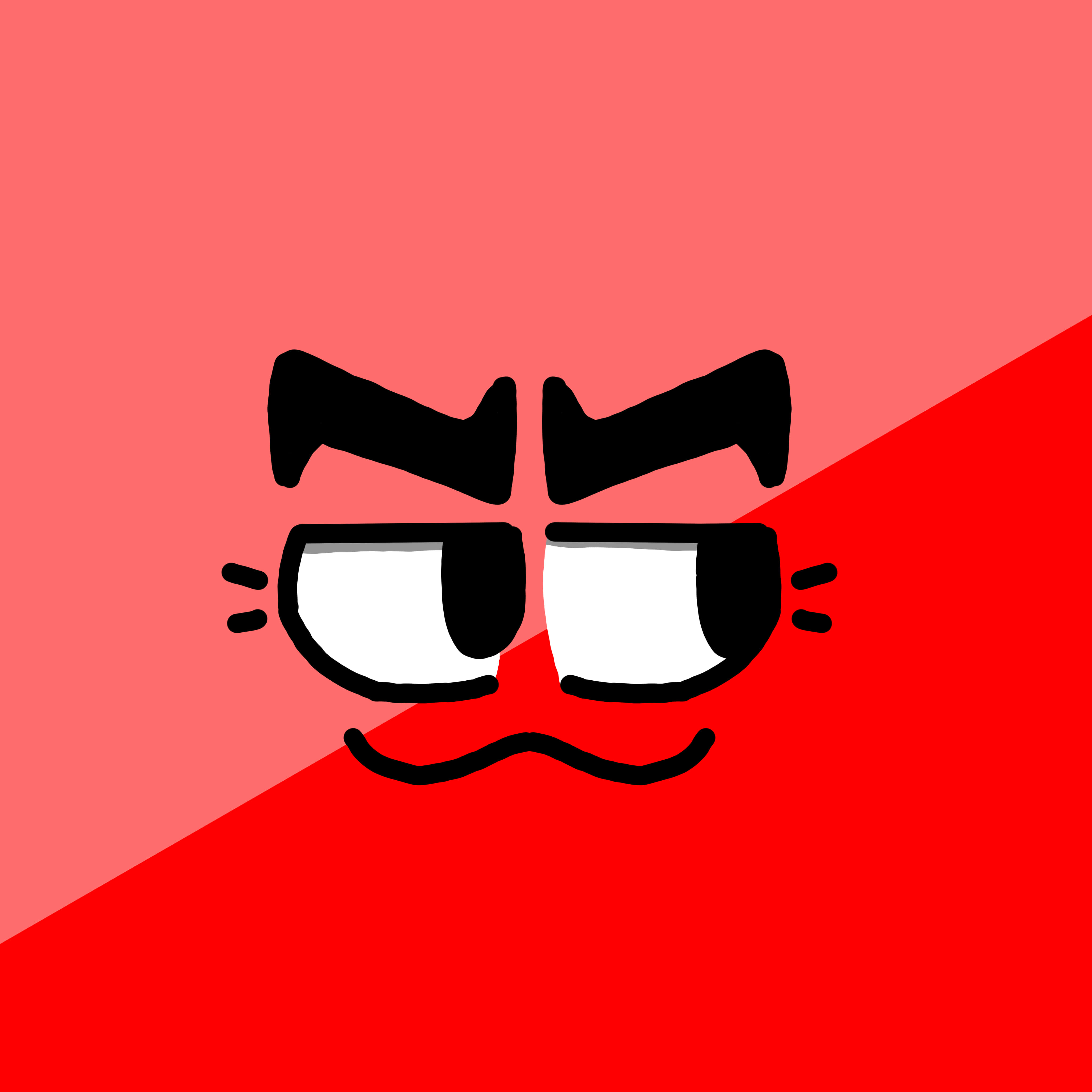 搞笑 桌布 壁紙 — 一個極簡主義的卡通貓臉，帶有憤怒的眉毛和得意的笑容，背景是分割的紅色。