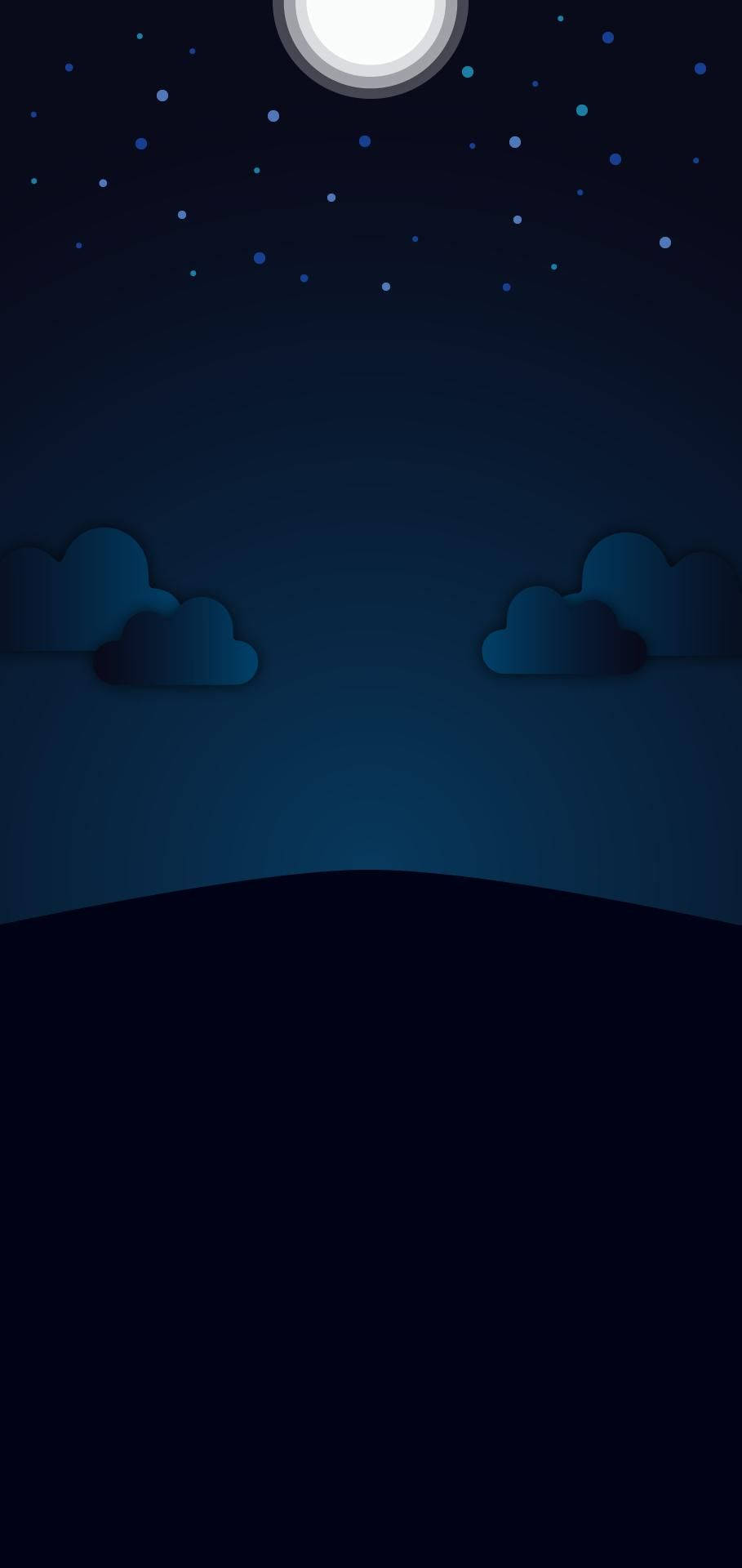 夜空，滿月和星星在雲層和黑暗地平線之上。 — 深藍色美學動圖 壁紙