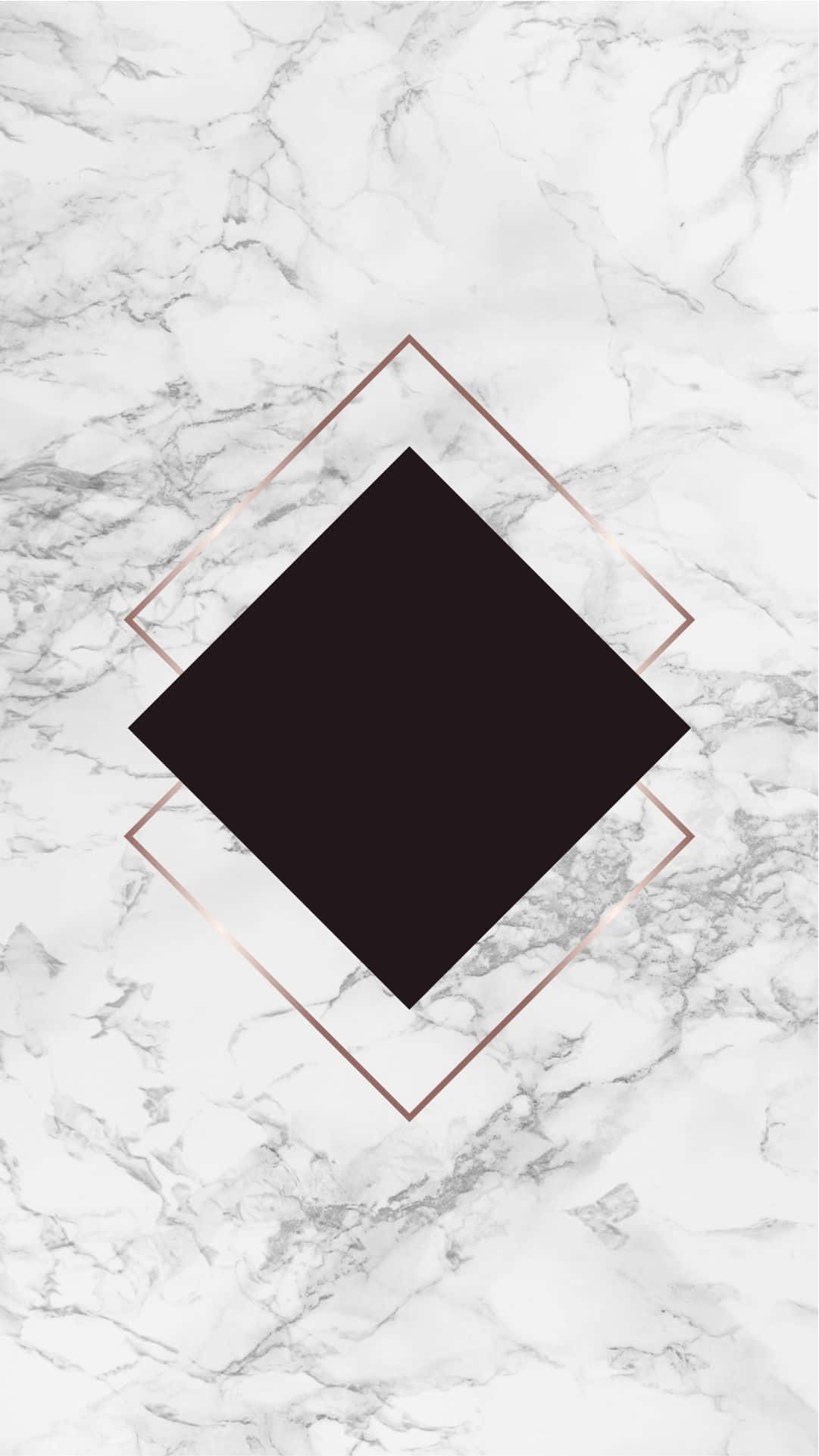 Marble Phone 桌布 壁紙 — 一個極簡主義的大理石背景，帶有玫瑰金鑽石框架，內嵌一個黑色正方形。