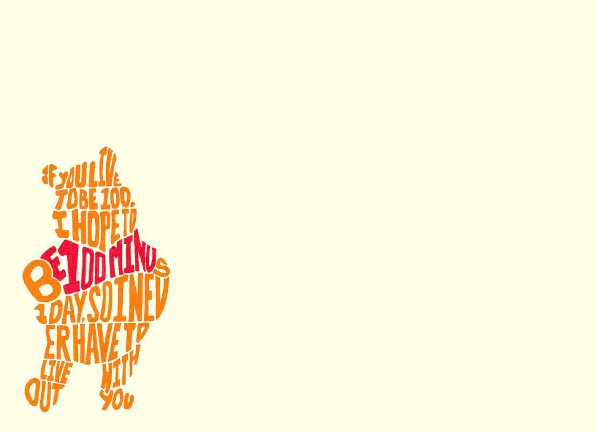 Winnie The Pooh Quotes 桌布 壁紙 — 一個極簡主義的字體藝術作品，形狀像熊，由橙色和紅色的文字組成，背景為淡黃色。