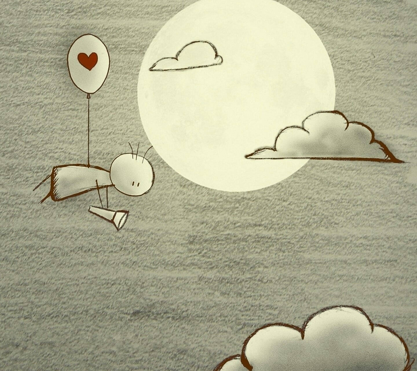 Love Drawings 桌布 壁紙 — 一個極簡主義的火柴人帶著心形氣球，在質感天空、簡單雲朵和大月亮背景下平靜地漂浮。