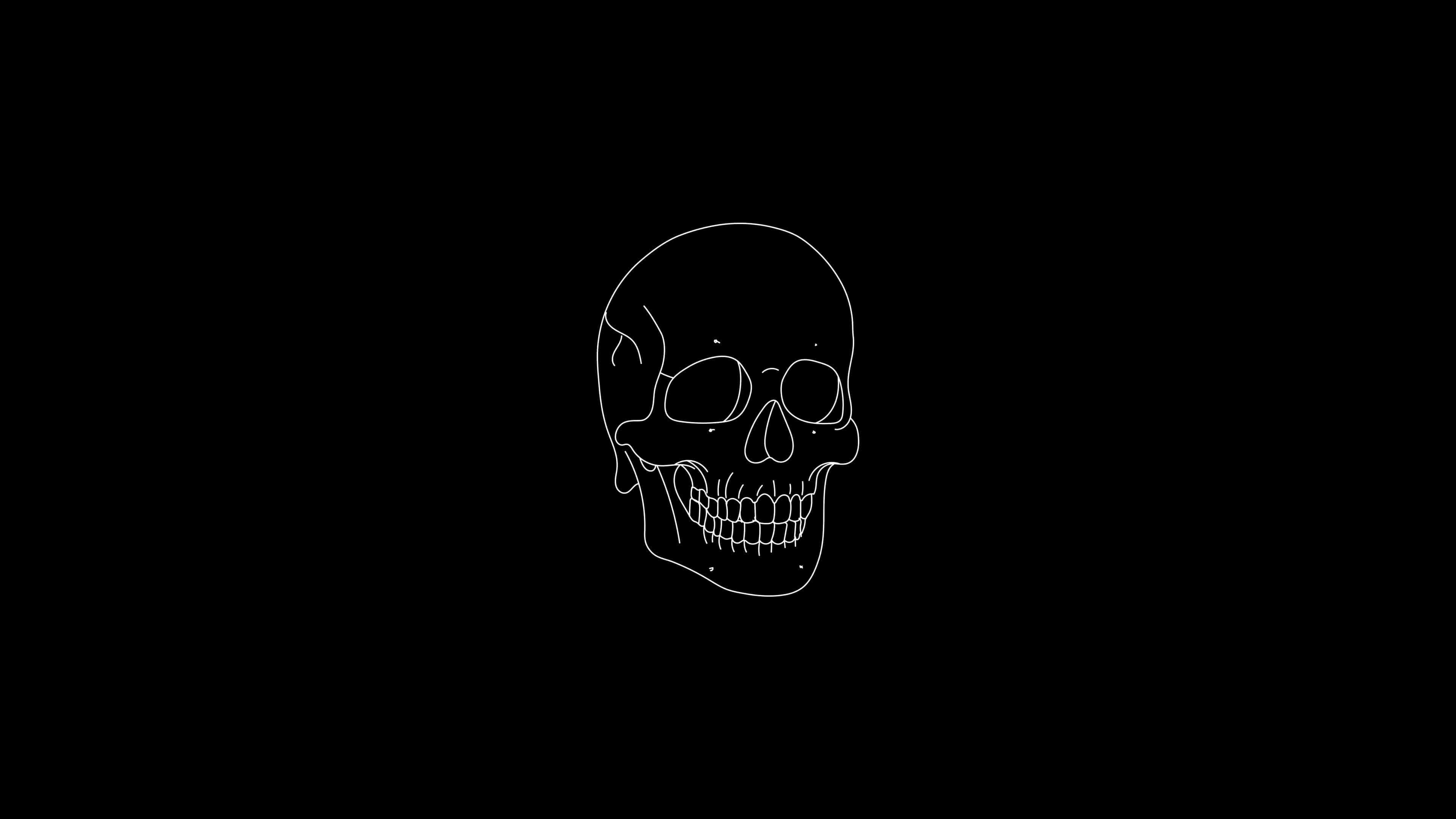 Minimalist Monochrome 桌布 壁紙 — 一個極簡主義的白色線條人體頭骨繪圖，居中在純黑色背景上。
