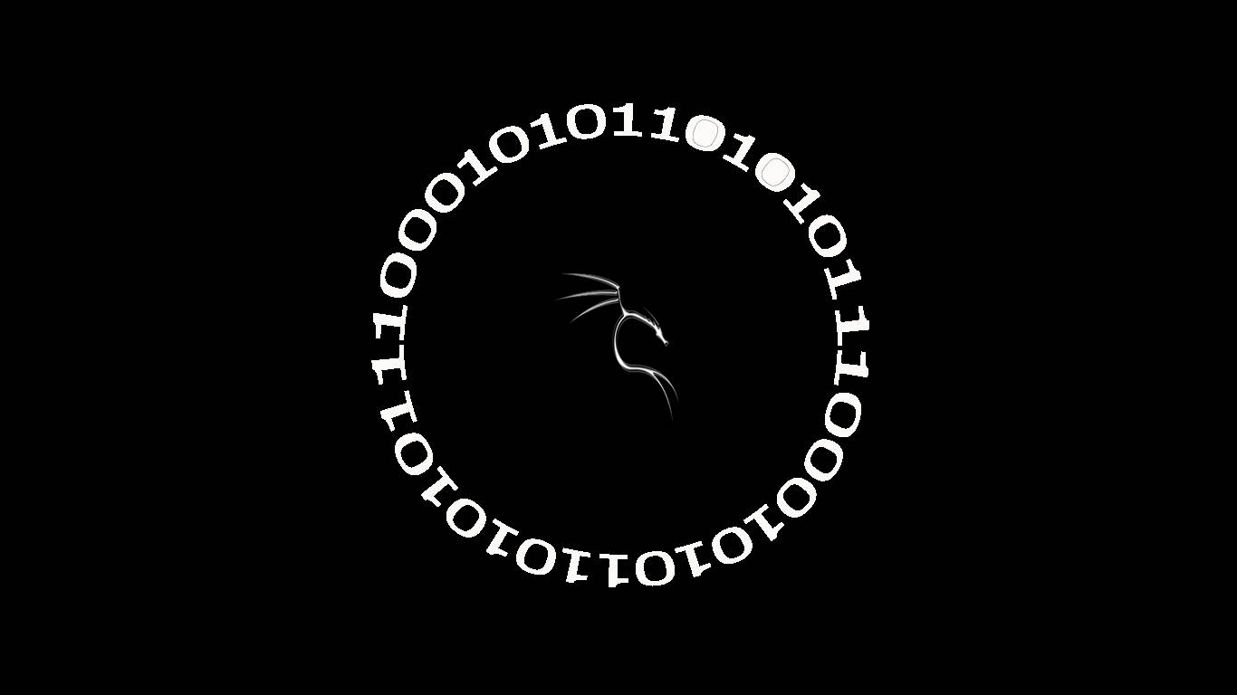 kali 桌布 壁紙 — 一個極簡主義的白色龍剪影，居中於黑色背景上的圓形二進制代碼環內。