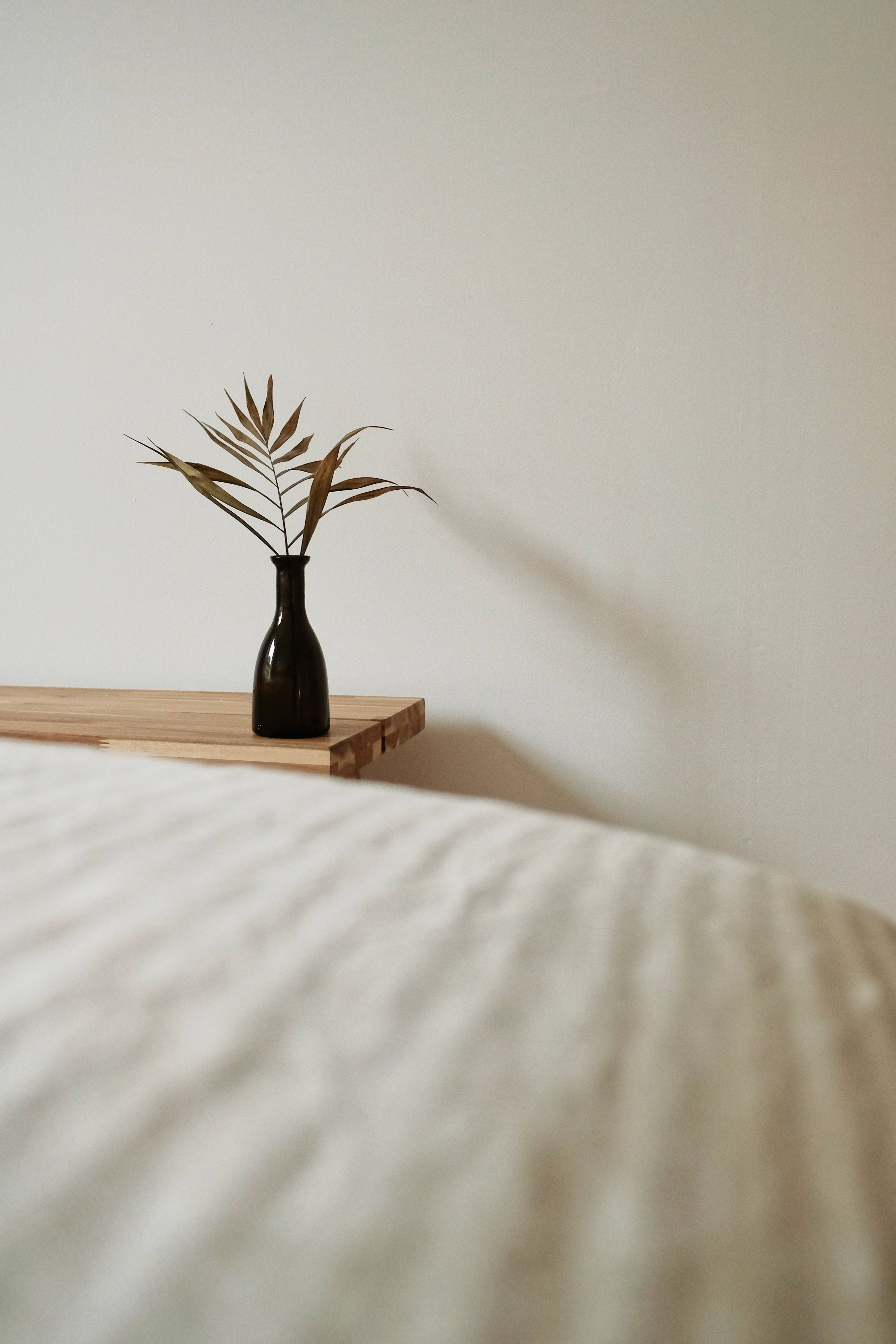 Massage 桌布 壁紙 — 一個極簡主義的臥室場景，一個深色花瓶在木架上插著乾燥的棕櫚葉，旁邊是皺巴巴的白色床單。