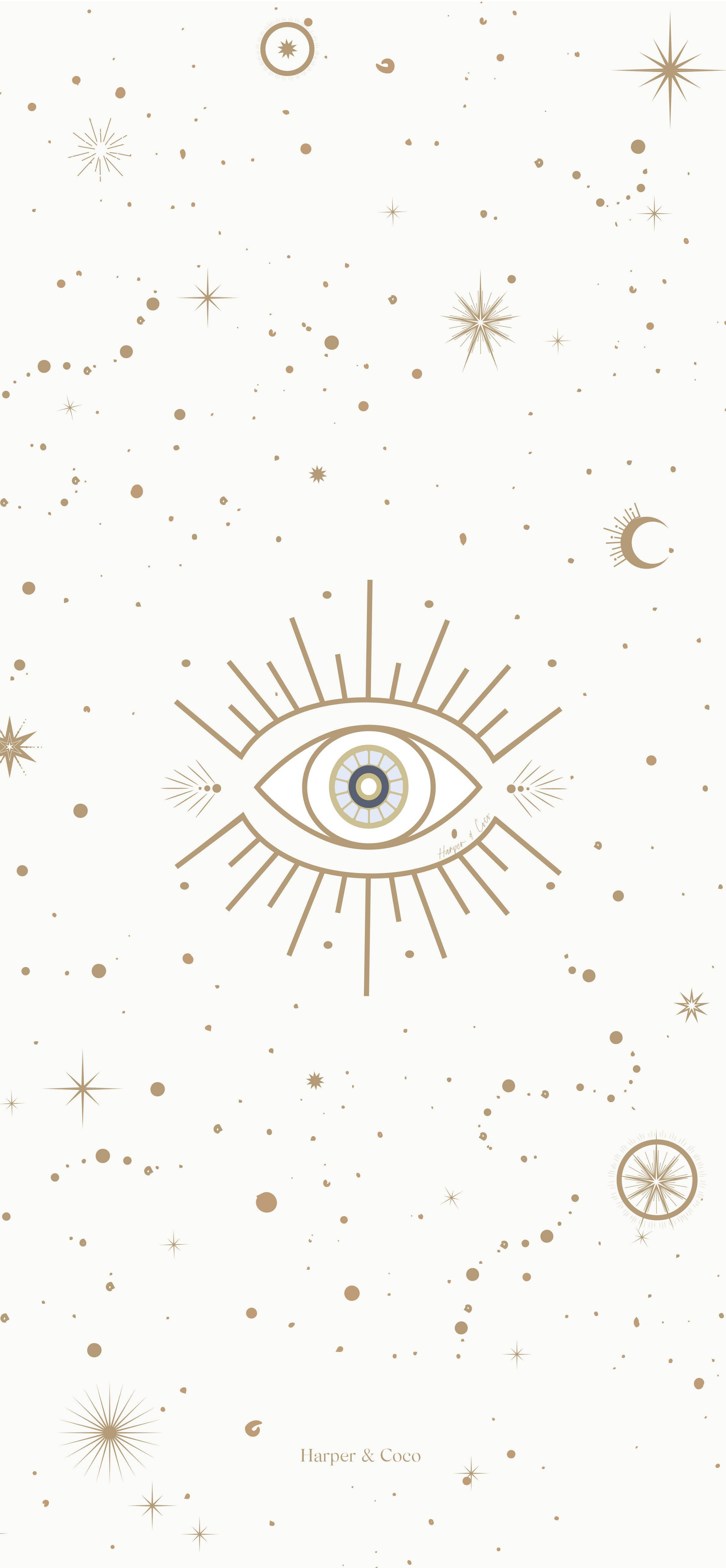 Evil Eye 桌布 壁紙 — 一個極簡主義的金色全視之眼，周圍環繞著星星、月亮和天體符號，背景為奶油色。