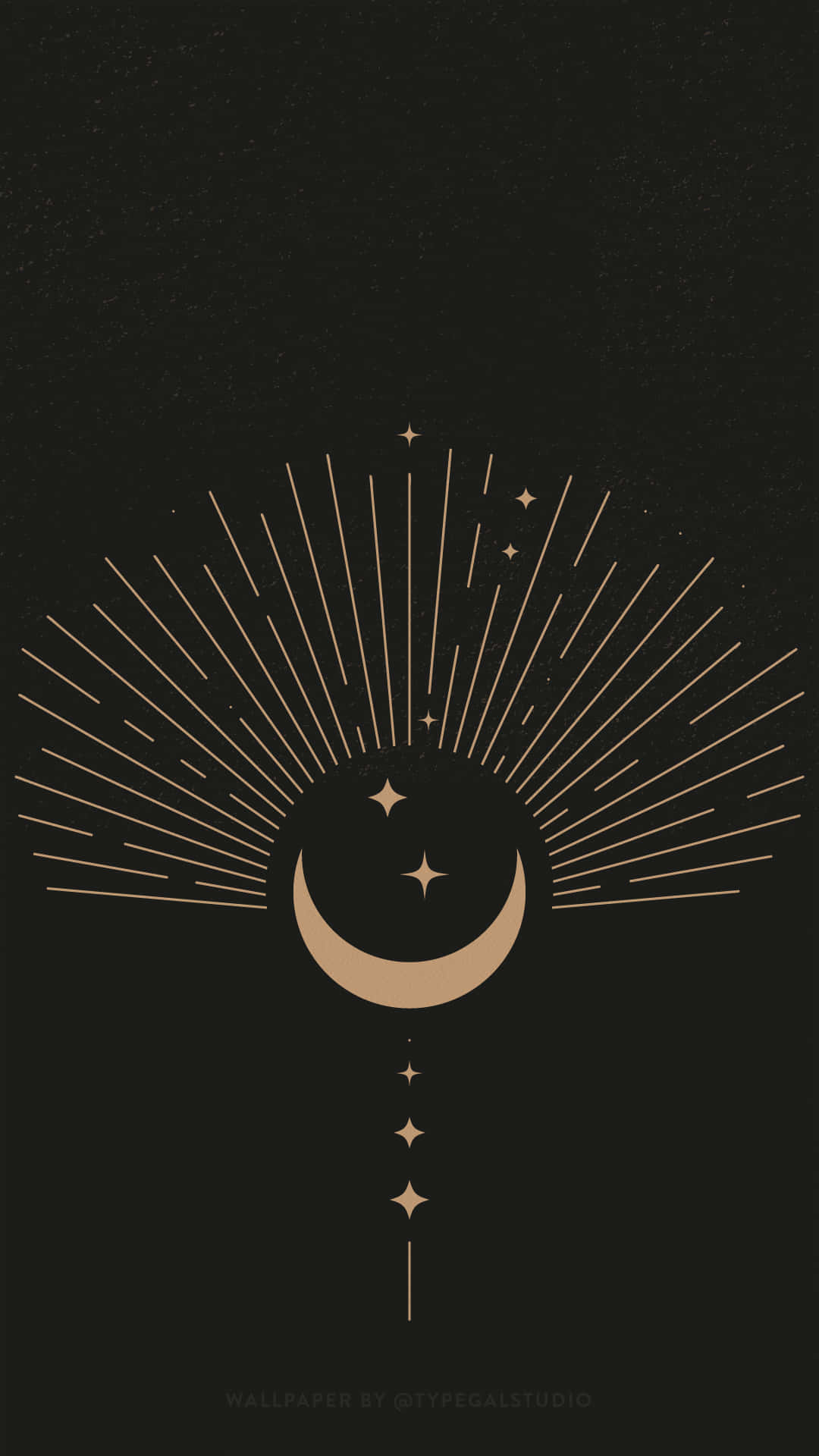 Celestial 桌布 壁紙 — 一個極簡主義的金色新月在斑點黑色背景上放射出星爆線條。