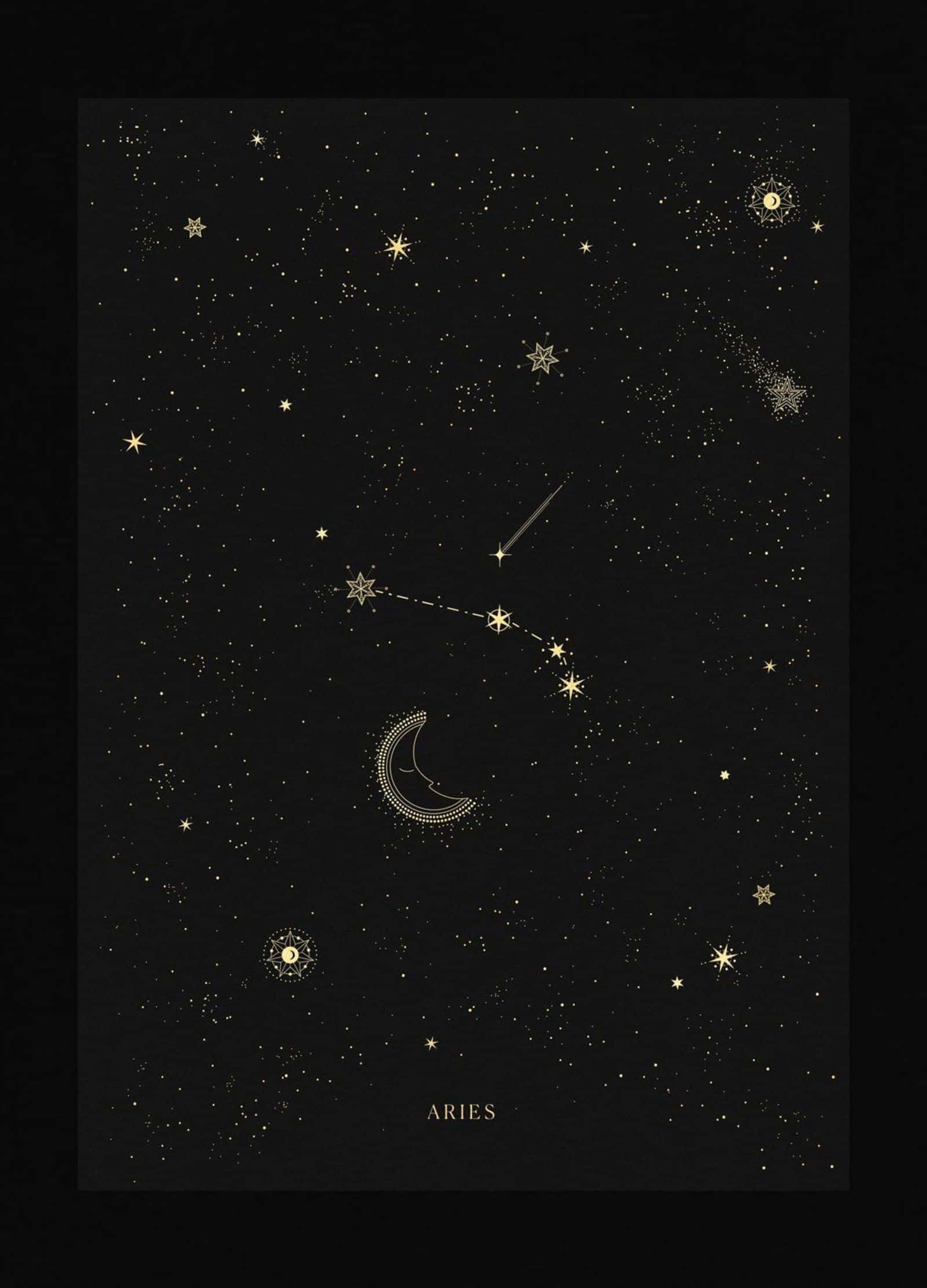 aries 桌布 壁紙 — 一個極簡主義的金色牡羊座星座插圖，背景是黑色星空夜空，帶有一彎新月。