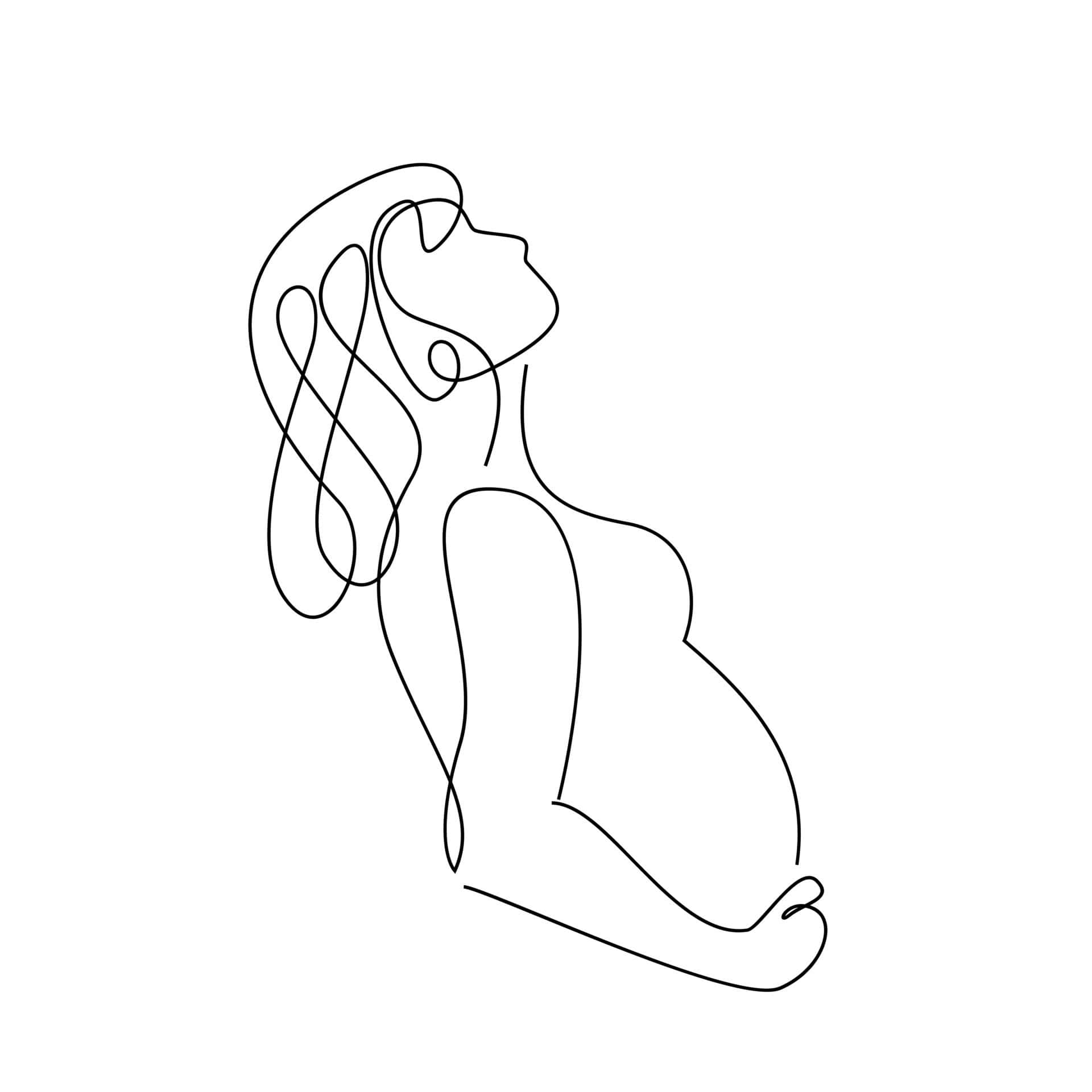 pregnancy 桌布 壁紙 — 一個極簡主義的黑色線條畫，描繪一位側面坐著的女性，頭髮飄逸，背景為純白色。