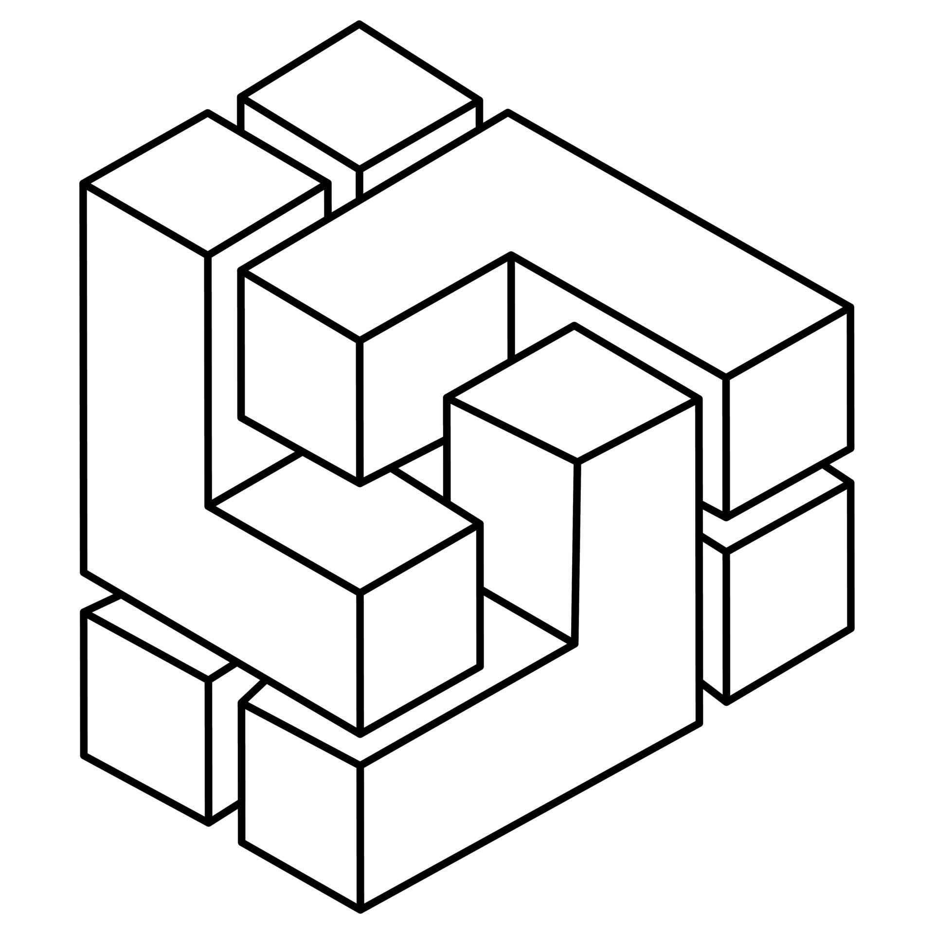 藝術 桌布 壁紙 — 一個極簡主義的黑色線條畫，描繪相互連接的3D立方體，形成抽象幾何雕塑。
