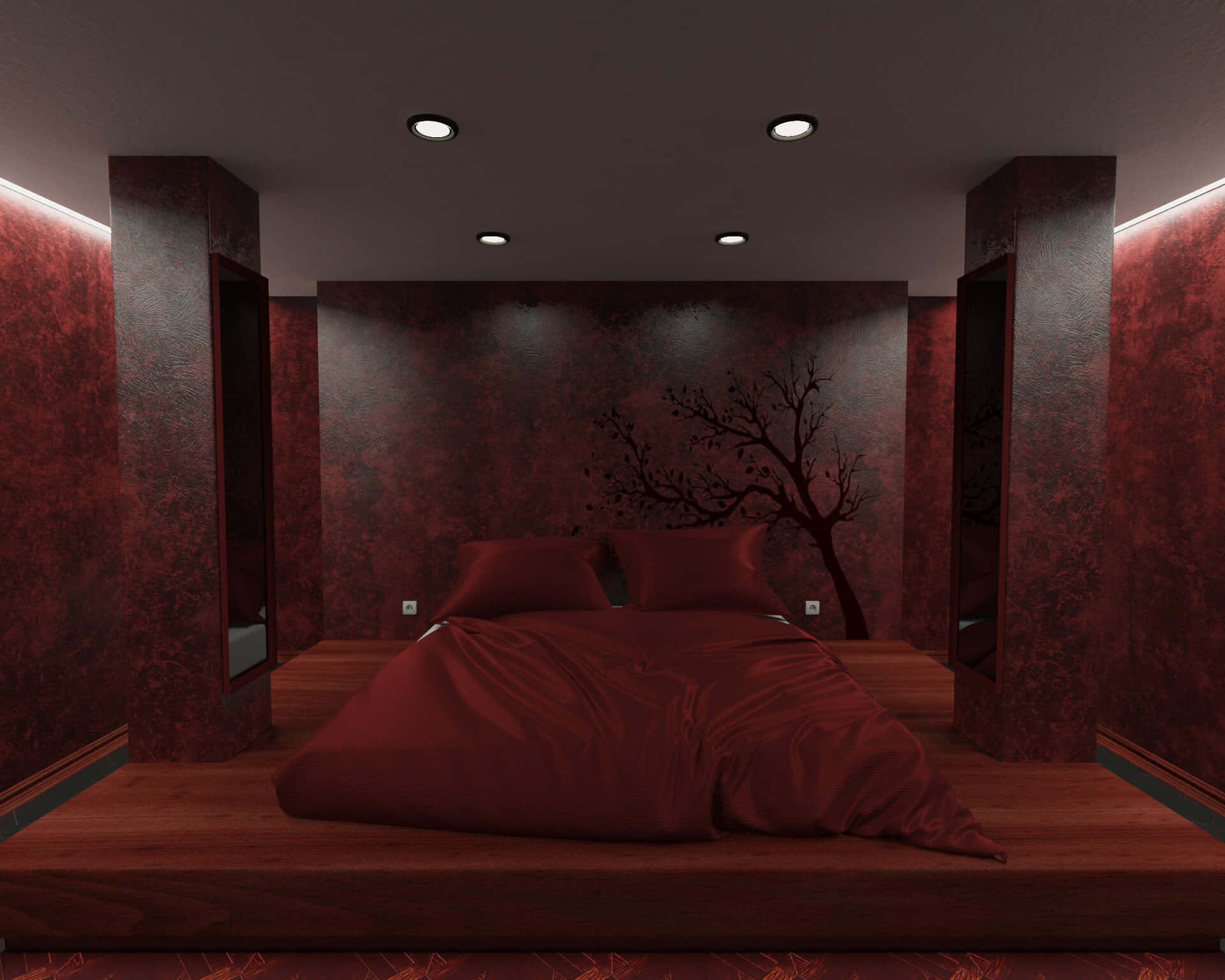 Red Room 桌布 壁紙 — 一個極簡主義臥室，配有深紅色紋理牆壁和嵌入式燈光下的木質平台床。