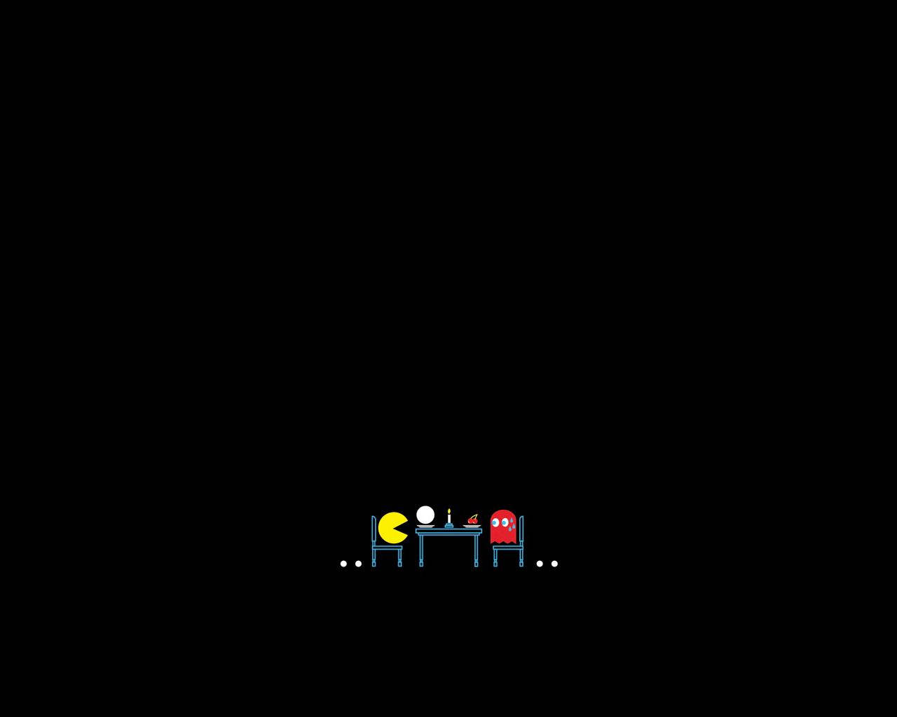 電玩遊戲 桌布 壁紙 — 一個極簡像素藝術場景顯示 Pac-Man 和一個紅色鬼魂坐在一張小桌子旁，桌上放著蠟燭和酒杯，背景為黑色。