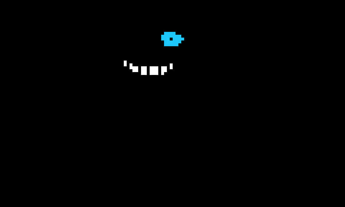 Undertale Sans 桌布 壁紙 — 一個極簡像素藝術面孔，有一隻藍色眼睛和一個露出白色牙齒的寬闊笑容，背景為黑色。