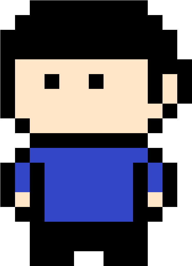 Spock 桌布 壁紙 — 一個極簡像素角色，米色臉龐、黑色眼睛、藍色襯衫，站在純黑色背景前。