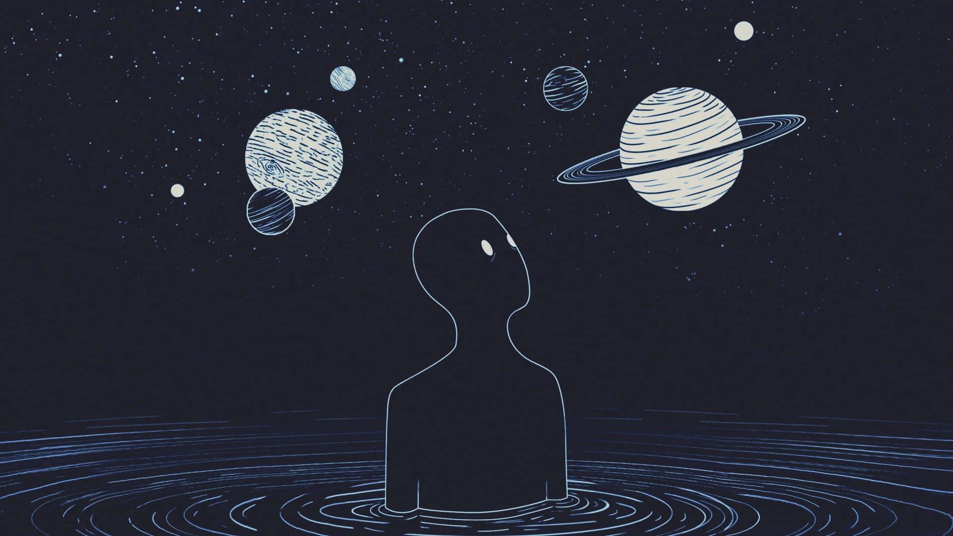 Cute Desktop 桌布 壁紙 — 一個極簡剪影站在水中，仰望宇宙夜空中的漂浮行星和星星。