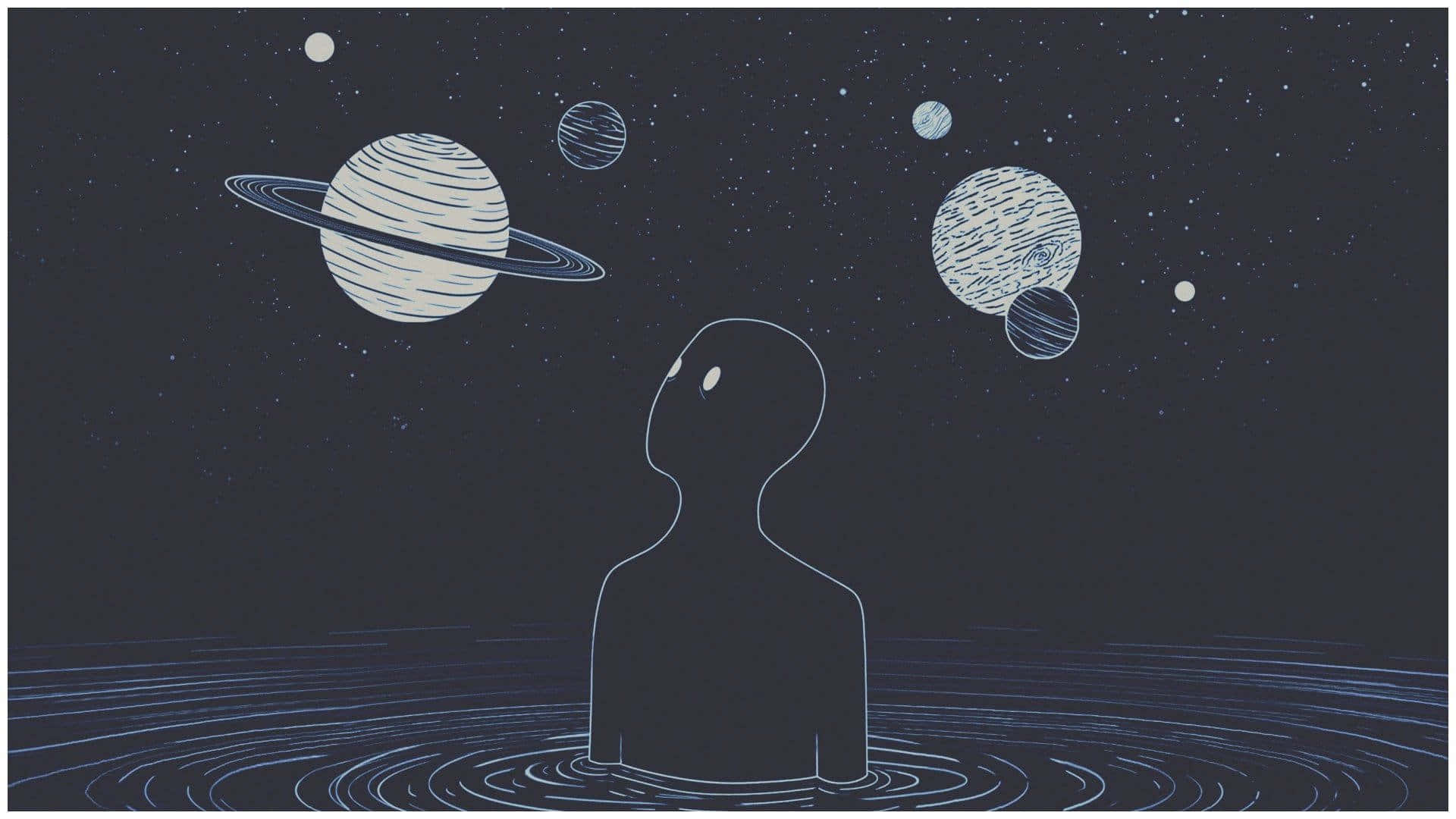 Chromebook 桌布 壁紙 — 一個極簡剪影站在水中，仰望風格化的行星和星星，背景是宇宙夜空。