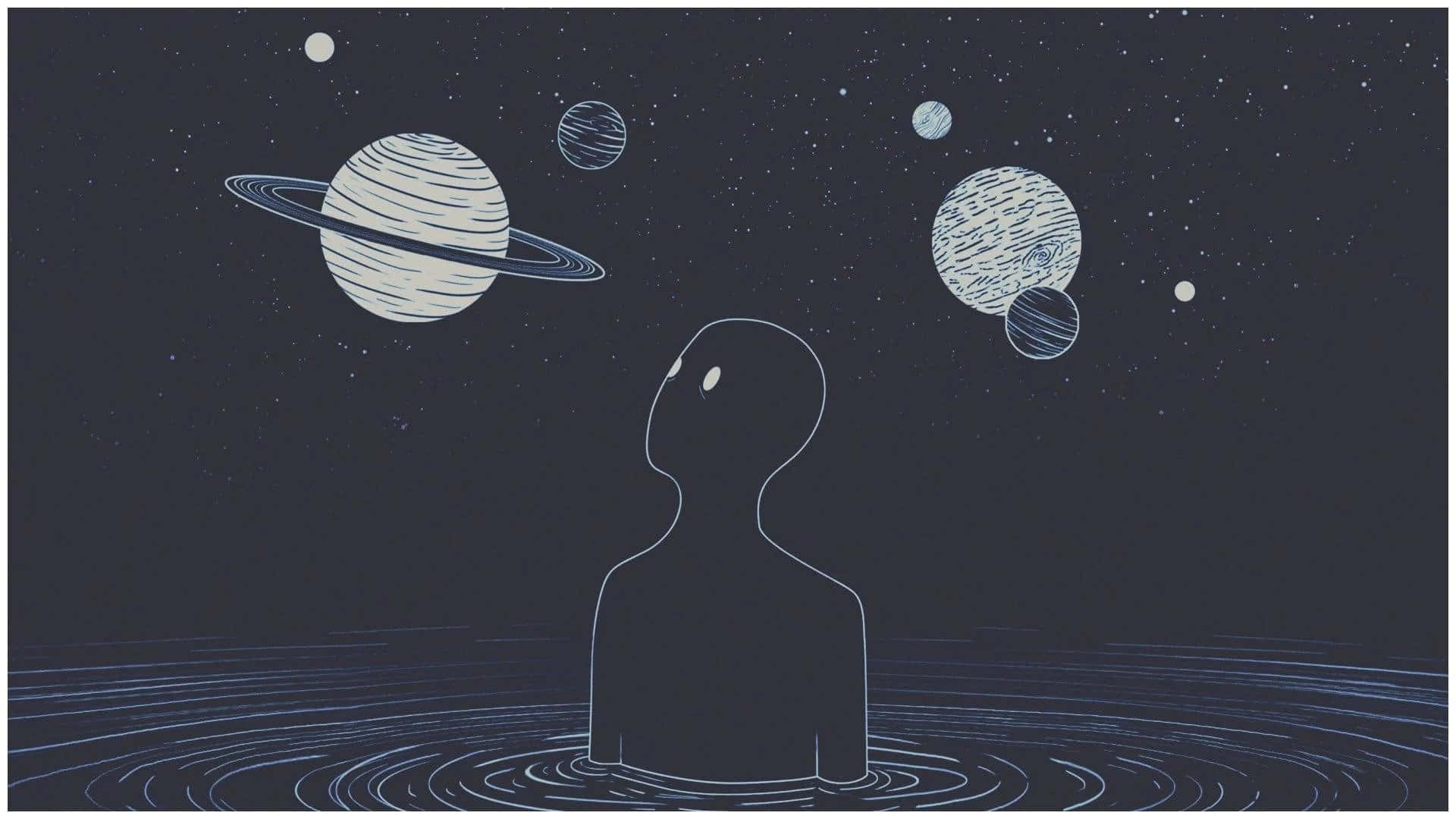 美學桌面動畫 桌布 壁紙 — 一個極簡剪影站在水中仰望星空，有行星和光環。
