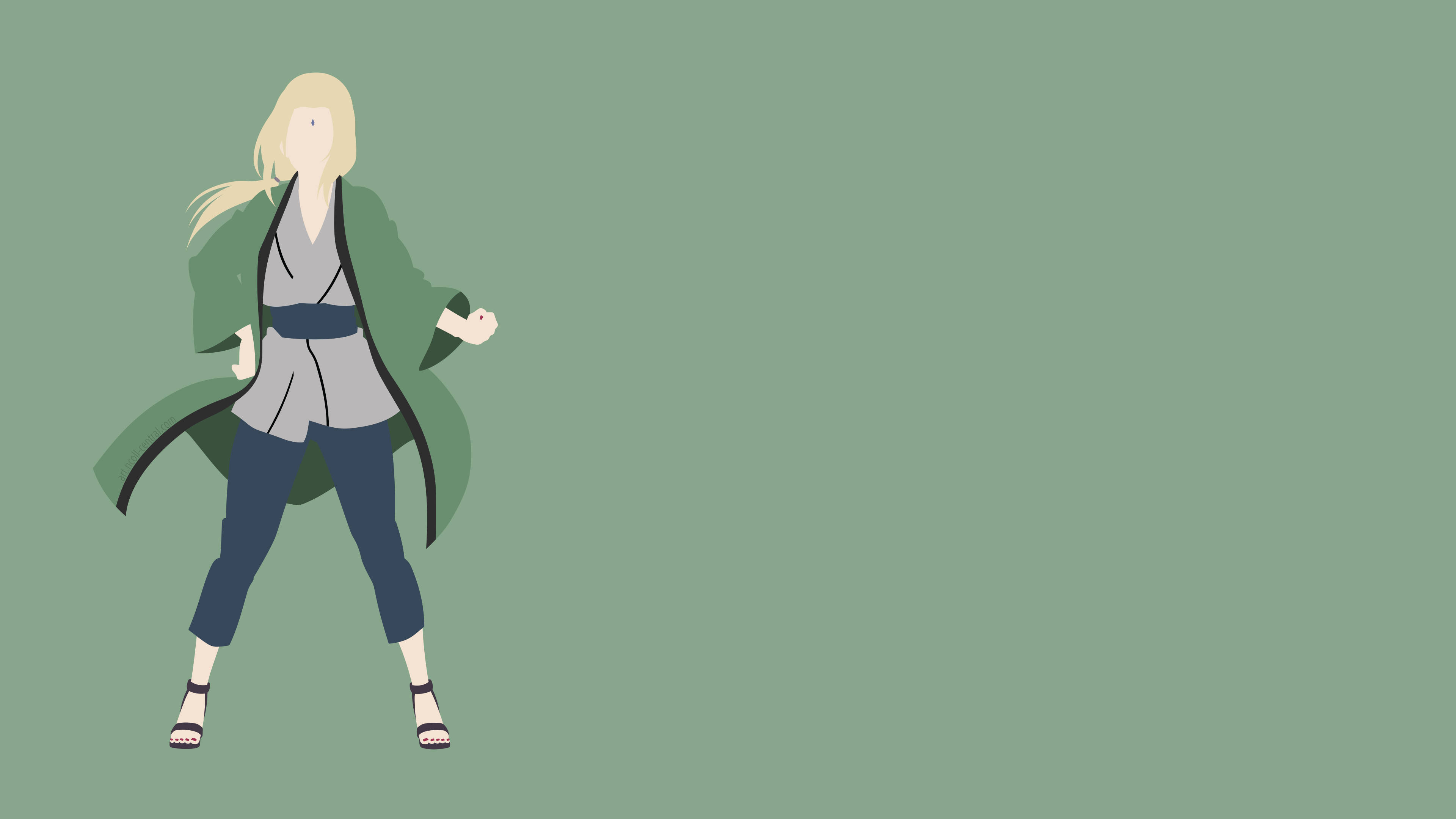 火影忍者 桌布 壁紙 — 一個極簡動漫風格插圖，描繪一位金髮女忍者，身穿綠色長袍和藍色褲子，站在純鼠尾草綠色背景前。
