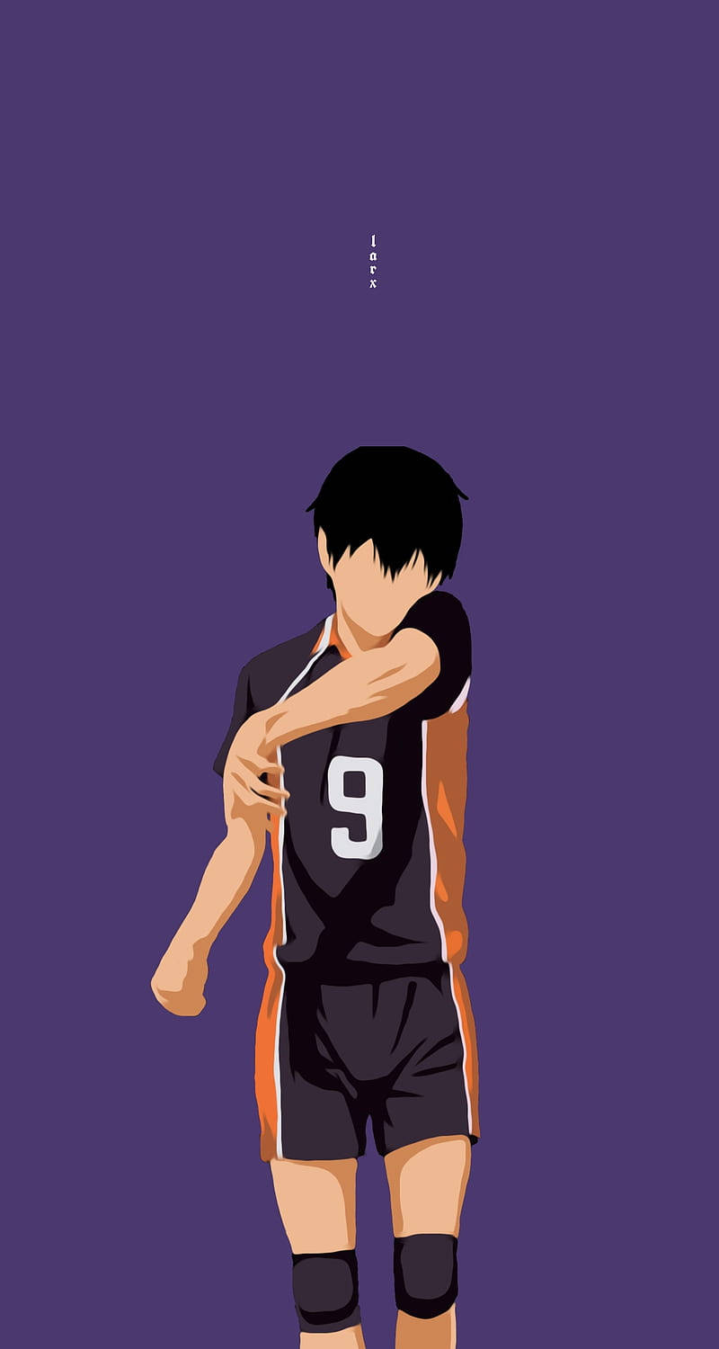動漫男孩 桌布 壁紙 — 一個極簡動漫風格插圖，描繪一名身穿黑色和橙色球衣、號碼9的男性排球運動員，站在純紫色背景前。