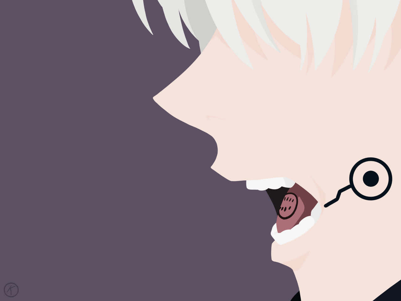Tongue 桌布 壁紙 — 一個極簡動漫風格的側面輪廓，描繪一位白髮角色戴著單片眼鏡，張開嘴巴露出帶有笑臉的舌頭。