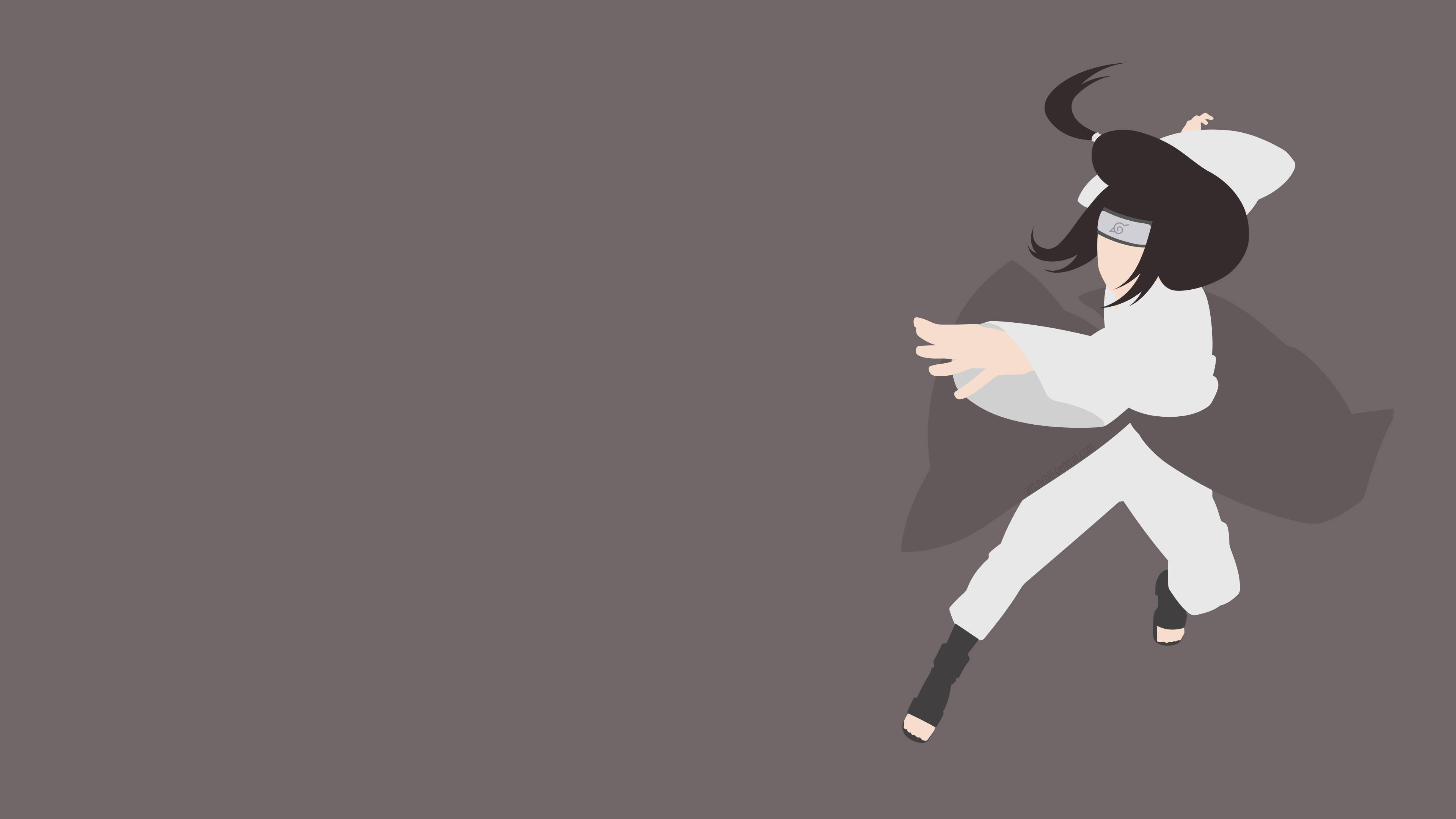 Neji 桌布 壁紙 — 一個極簡動漫風格的忍者，身穿白色裝備和頭帶，在純灰色背景上擺出動態武術姿勢。