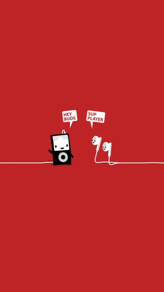 搞笑 iPhone 桌布 壁紙 — 一個極簡卡通iPod和耳機，在純紅色背景上用對話氣泡聊天。