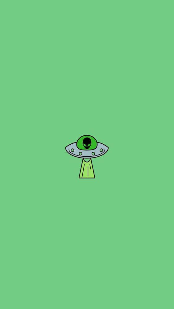Cool Alien 桌布 壁紙 — 一個極簡卡通UFO，帶有綠色外星人頭部，漂浮在純綠色背景中央。