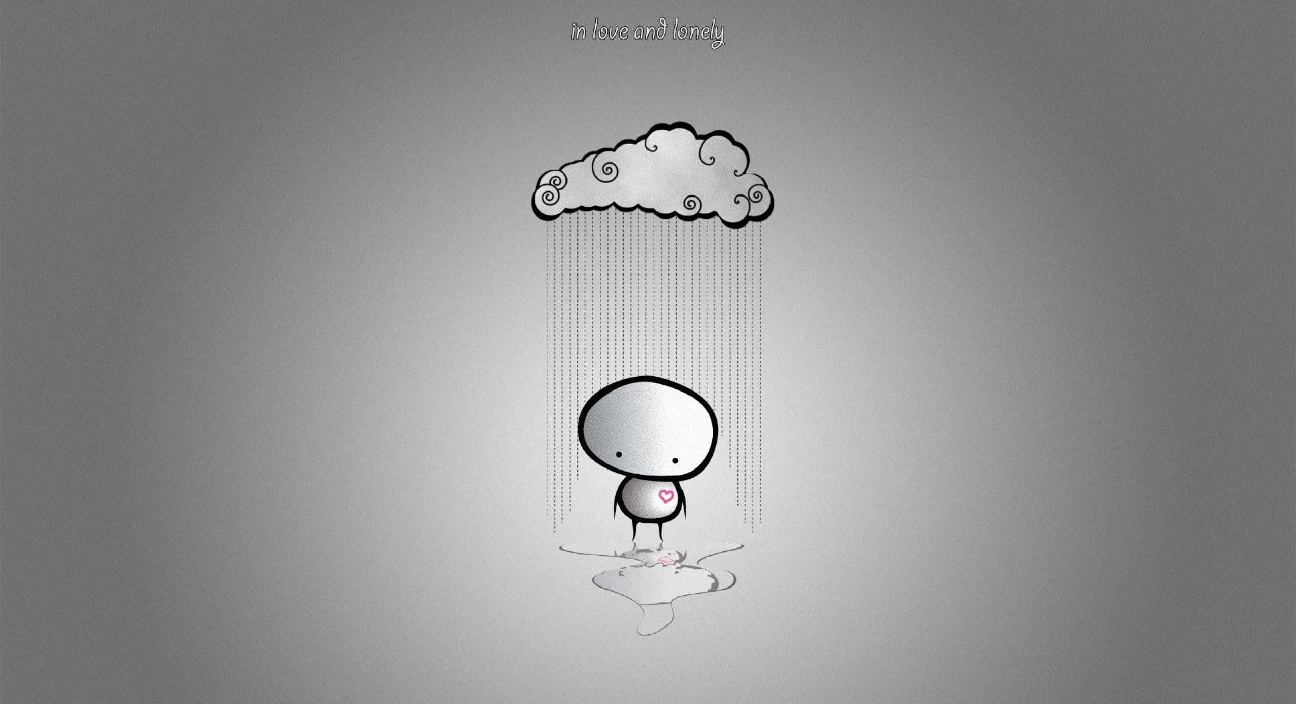 Depressed 桌布 壁紙 — 一個極簡卡通人物獨自站在一朵向水坑下雨的雲下，胸前有一個心形符號。