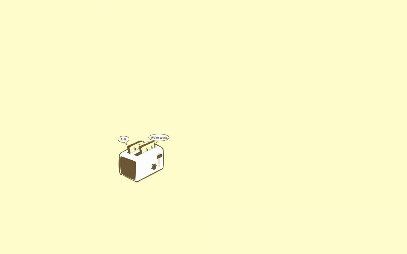 Pastel Yellow Aesthetic 桌布 壁紙 — 一個極簡卡通吐司機，吐司彈出並說「烘烤？」和「我們是吐司」，背景為淡黃色。
