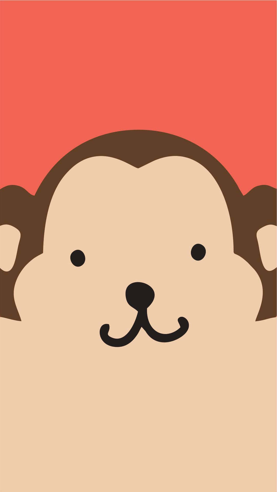 Monkey iPhone 桌布 壁紙 — 一個極簡卡通猴子臉，棕色毛髮和黑色特徵，在純珊瑚色背景上。