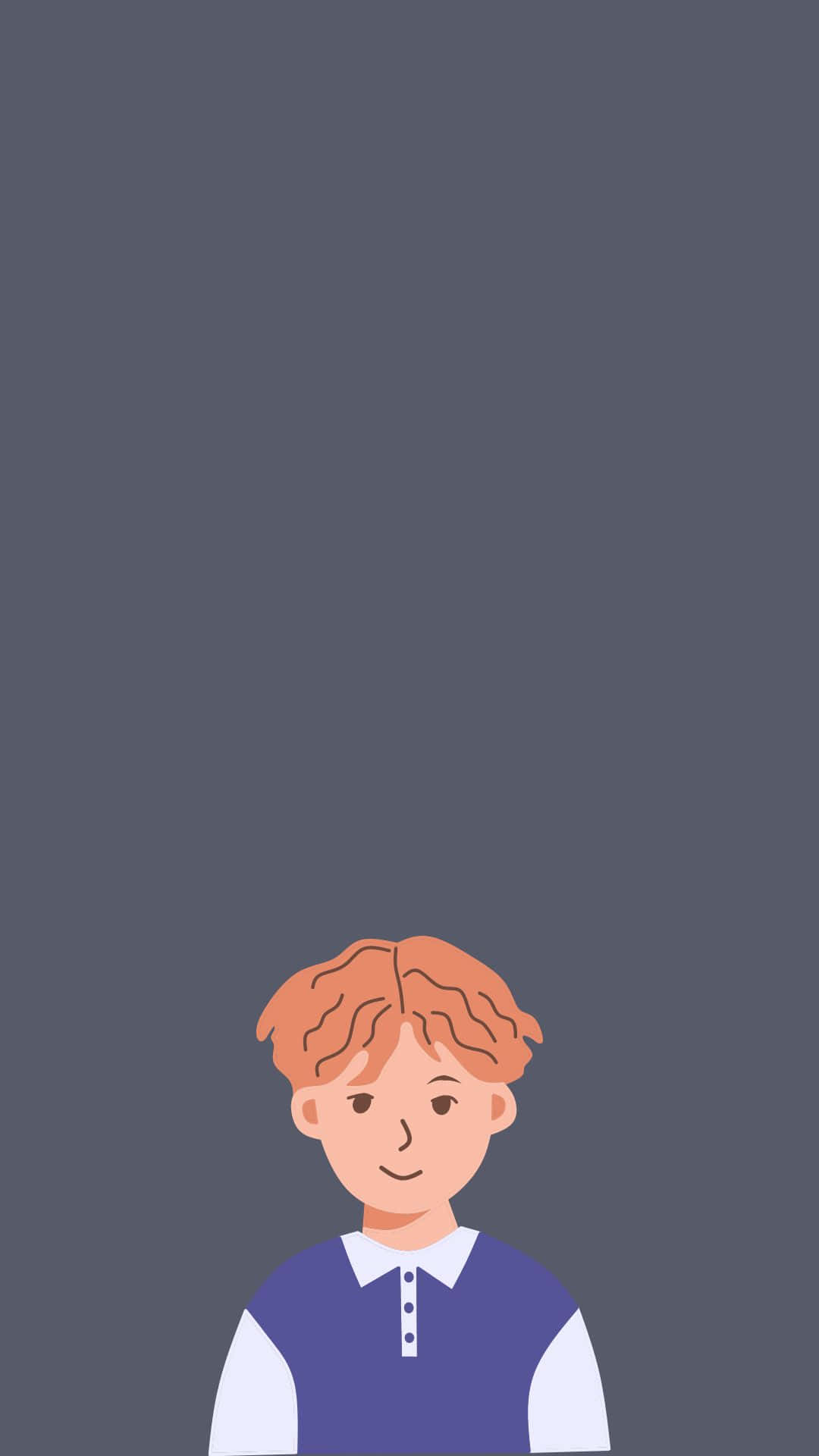 Handsome Boy 桌布 壁紙 — 一個極簡卡通男孩，紅色捲髮，穿著藍色背心，在純灰色背景上微笑。