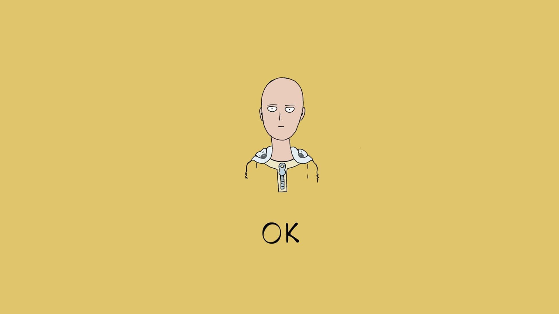 One Punch Man Minimalist 桌布 壁紙 — 一個極簡卡通角色，光頭穿著拉鍊襯衫，站在純芥末黃色背景中央，下方有「OK」字樣。
