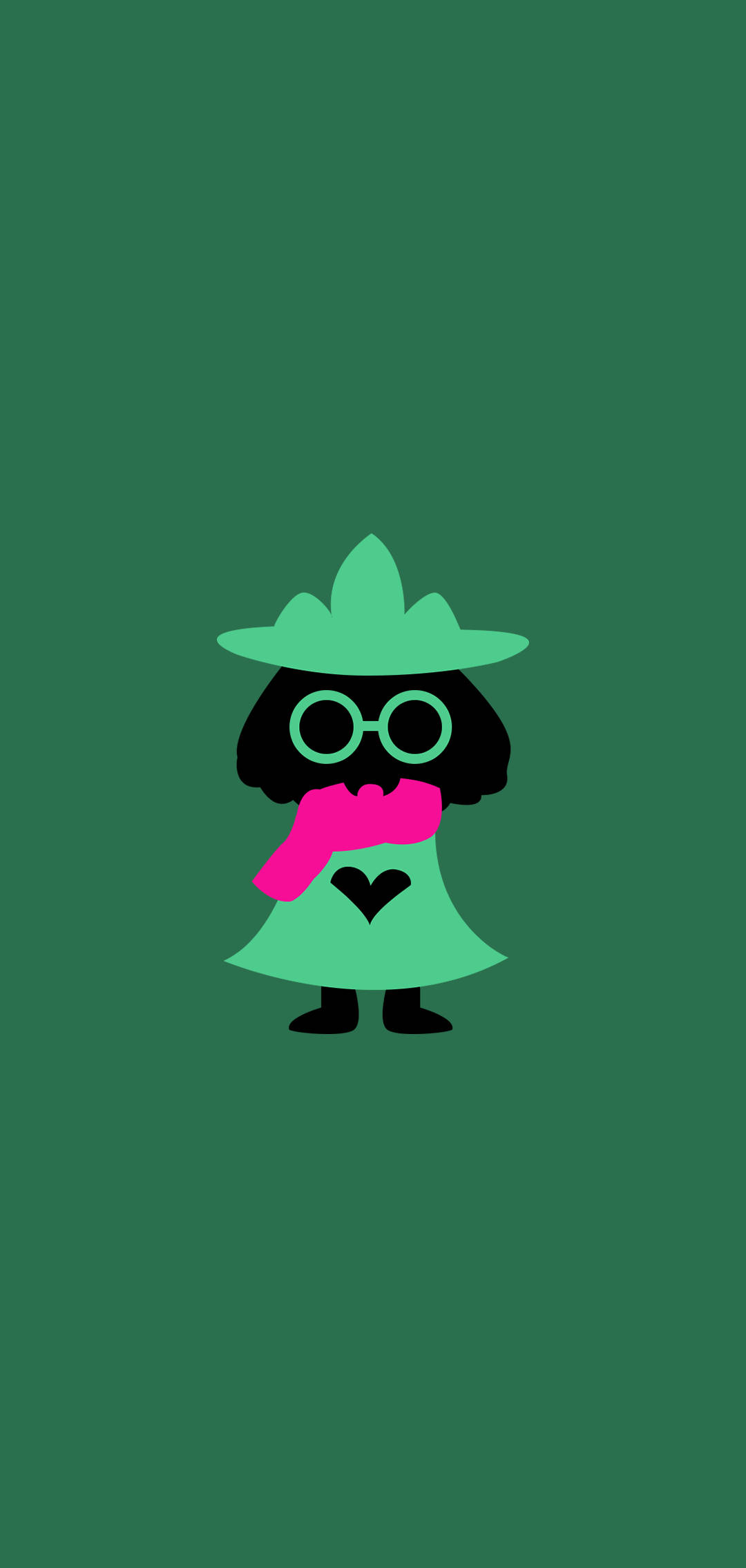 Ralsei 桌布 壁紙 — 一個極簡卡通角色，戴著綠色帽子和穿著綠色裙子，在純綠色背景前拿著一條粉紅色圍巾。