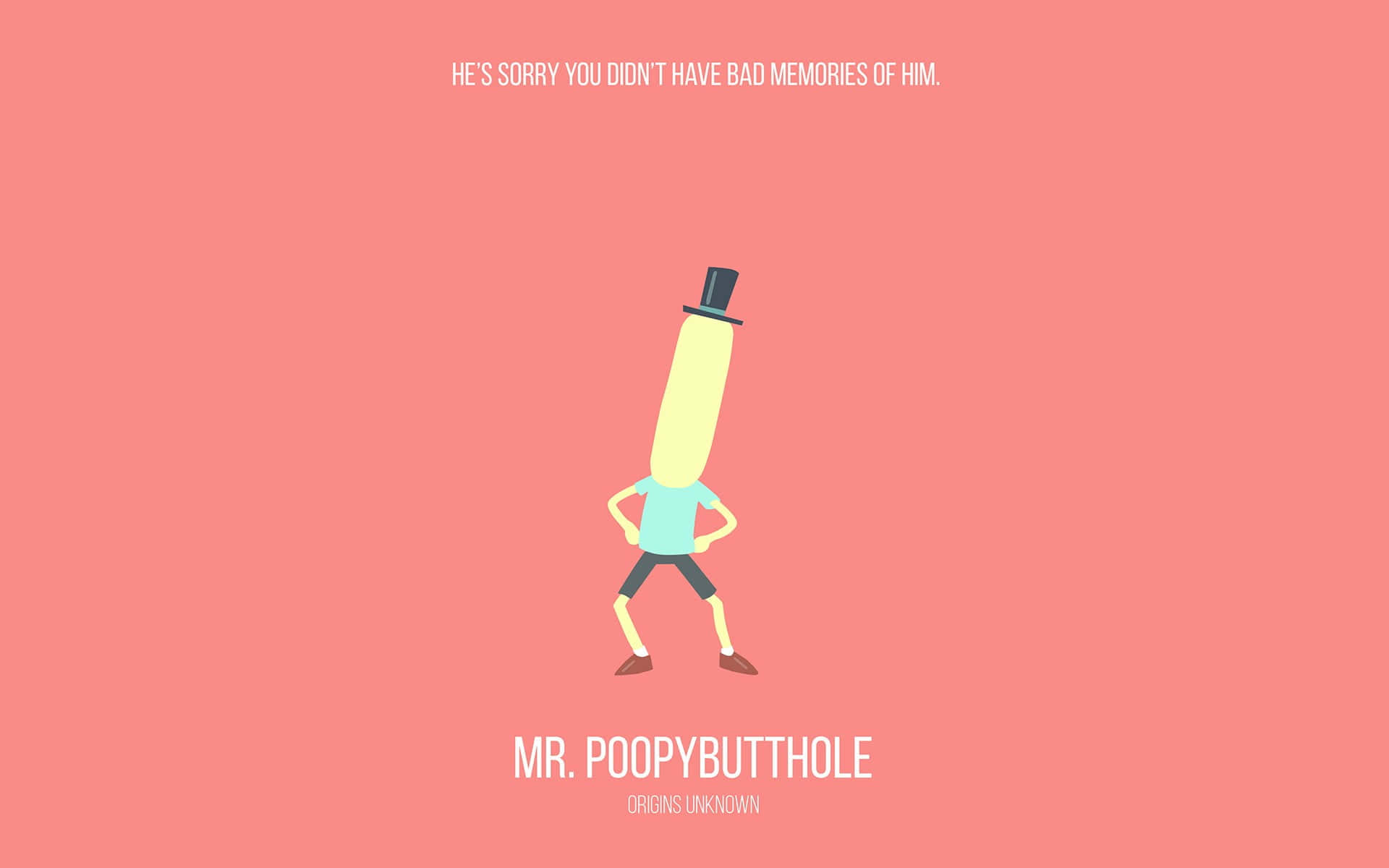 Mr Poopybutthole 桌布 壁紙 — 一個極簡卡通角色，擁有長長的黃色身體和高帽，自信地站在純珊瑚色背景上，並帶有文字。