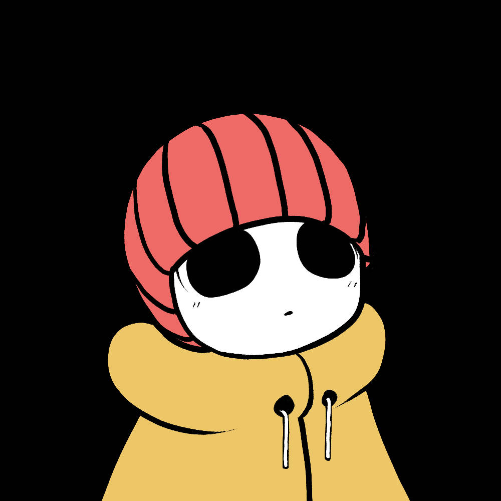 Illustration 桌布 壁紙 — 一個極簡卡通角色，粉紅色頭髮，黑色眼睛，穿著黃色連帽衫，背景為純黑色。