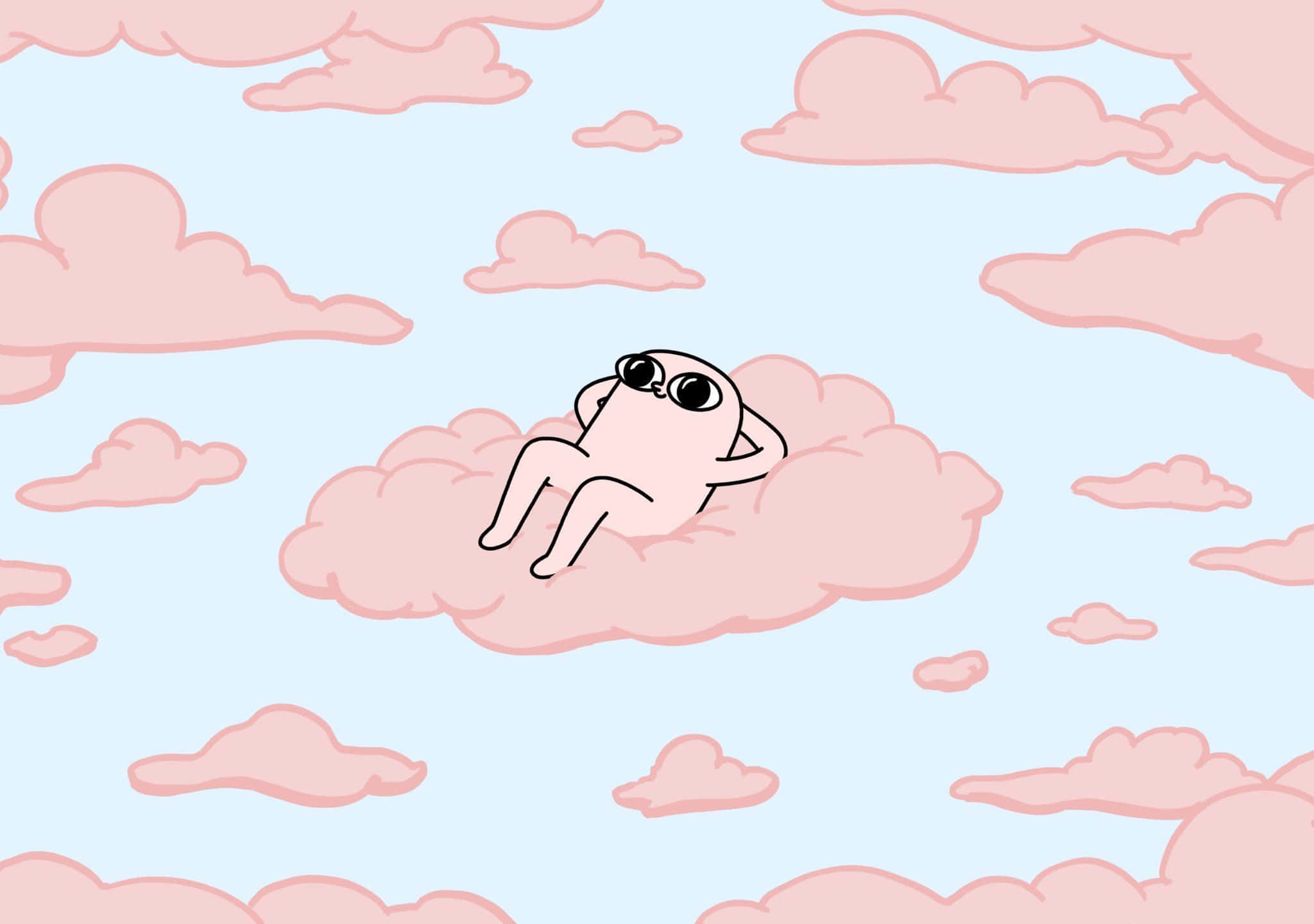 Cartoon 桌布 壁紙 — 一個極簡卡通角色在充滿 fluffy 雲的粉彩天空中，在粉紅色雲上 lounging。