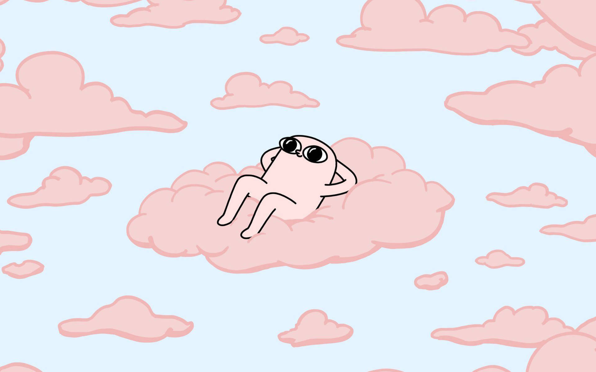 一個戴眼鏡的卡通角色在軟雲天空中的粉紅色雲上放鬆。 — 柔和美學 GIF 壁紙