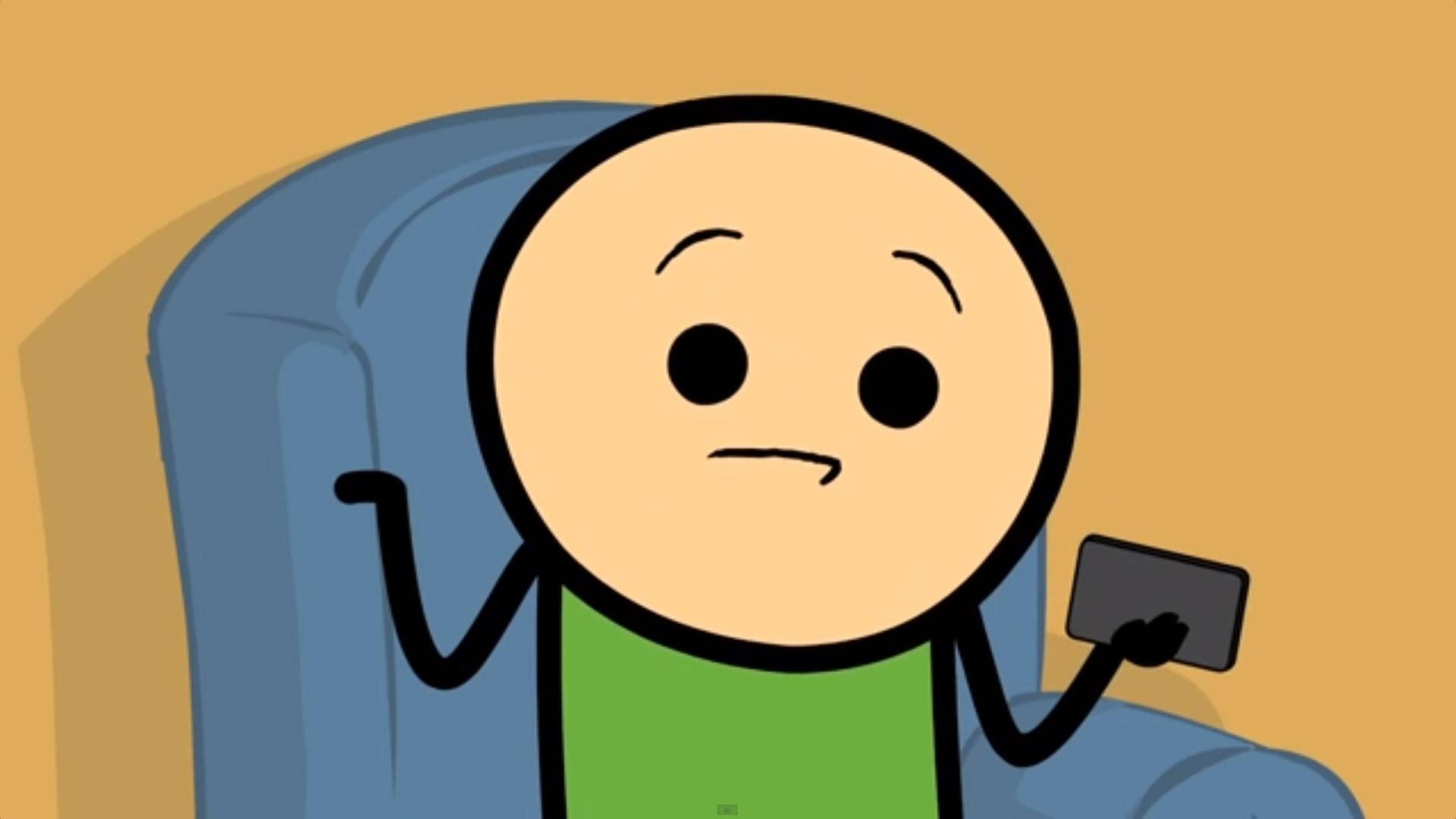 happiness 桌布 壁紙 — 一個極簡卡通角色坐在藍色扶手椅上，拿著電話，表情無聊。