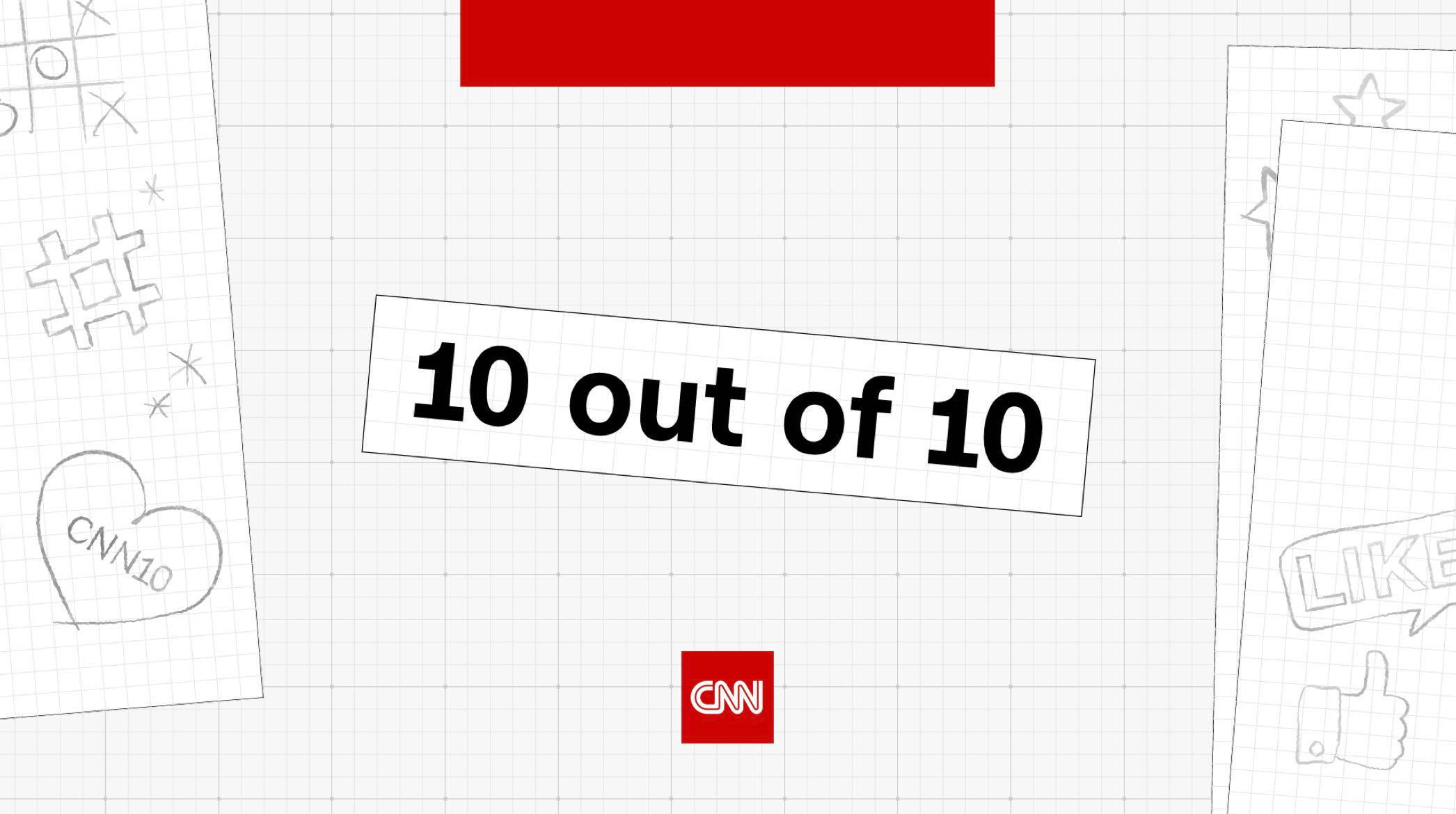 tv 桌布 壁紙 — 一個極簡圖形，方格紙上帶有「10 out of 10」文字，周圍環繞著輪廓社交媒體圖示和CNN標誌。