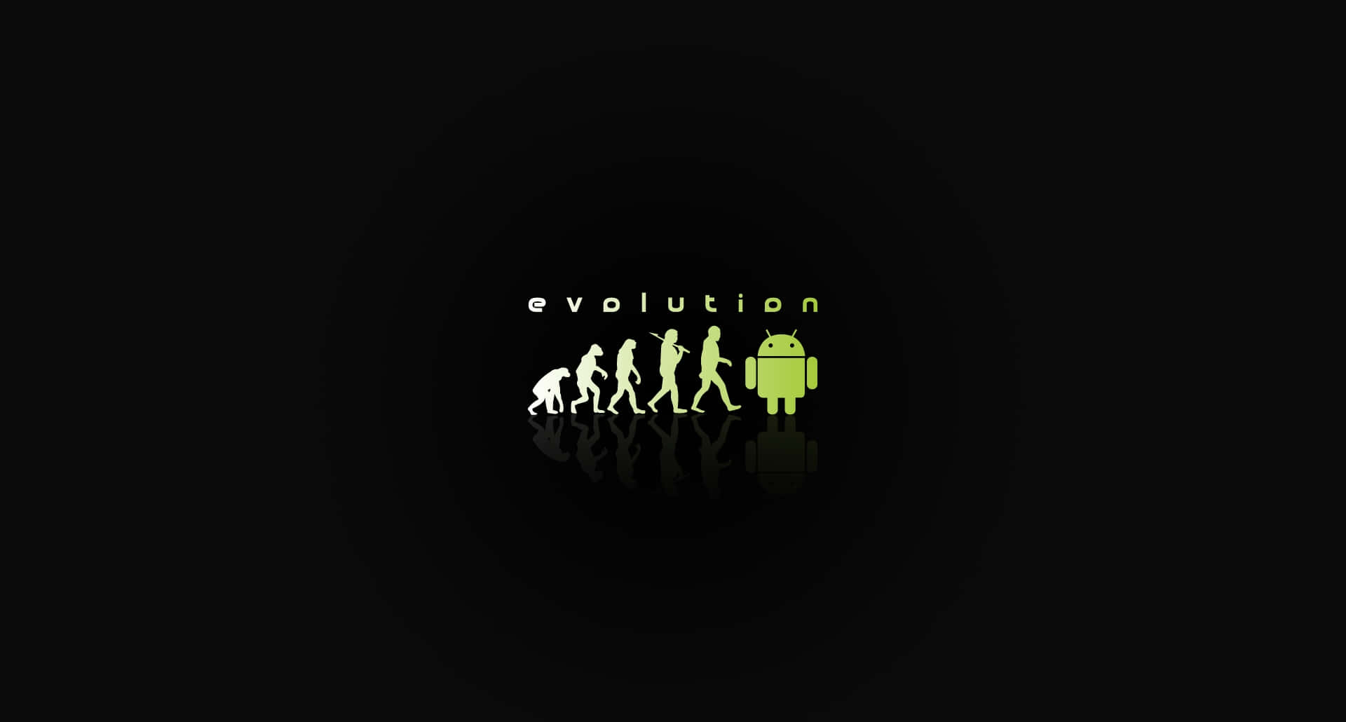 Android Computer 桌布 壁紙 — 一個極簡圖形顯示「進化」一詞，位於從猿人過渡到Android機器人的剪影序列上方，背景為黑色。