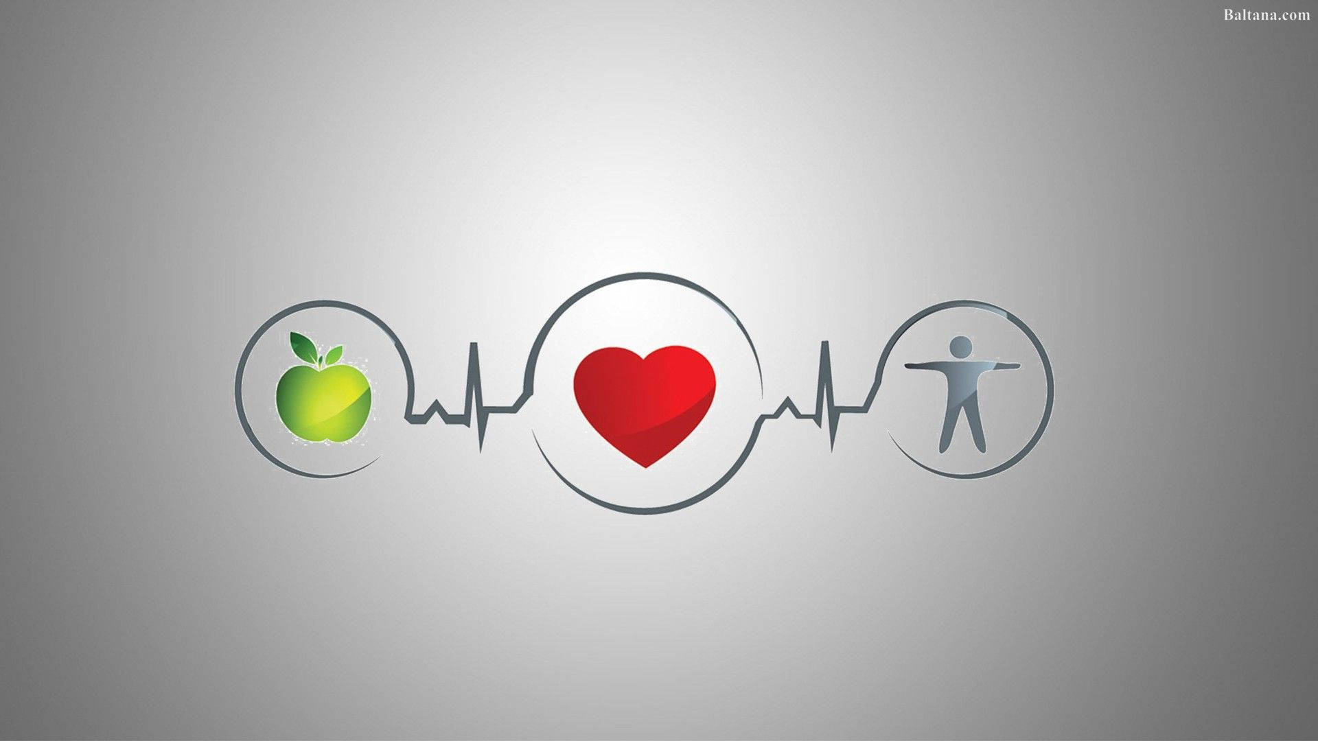 Health 桌布 壁紙 — 一個極簡圖形顯示一個青蘋果、一個紅心及一個人形，由一條心電圖線連接在灰色漸變背景上。