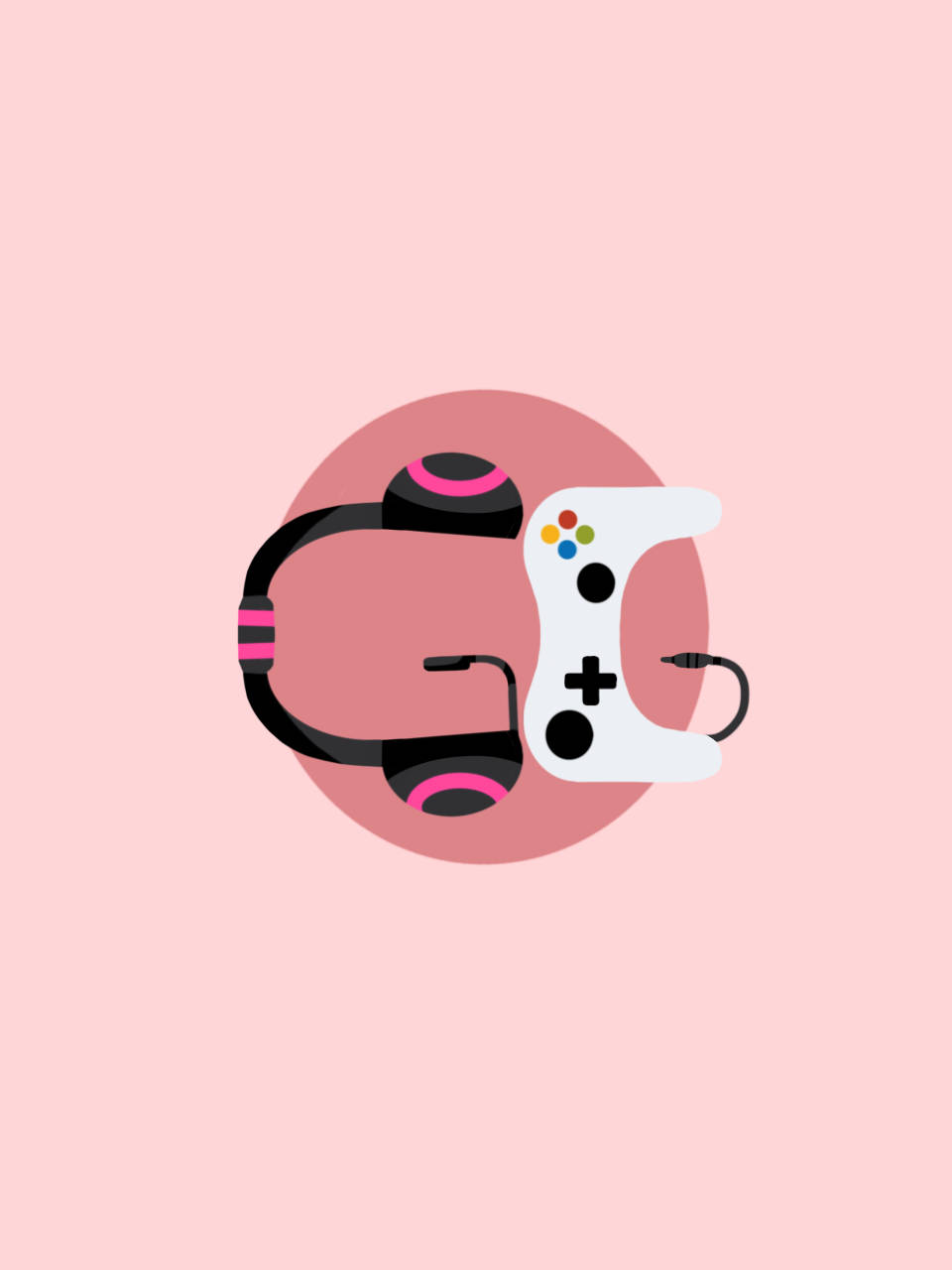 Gamer Logo 桌布 壁紙 — 一個極簡平面插圖，描繪白色遊戲控制器和帶有粉紅色點綴的黑色耳機，背景為柔和粉紅色。