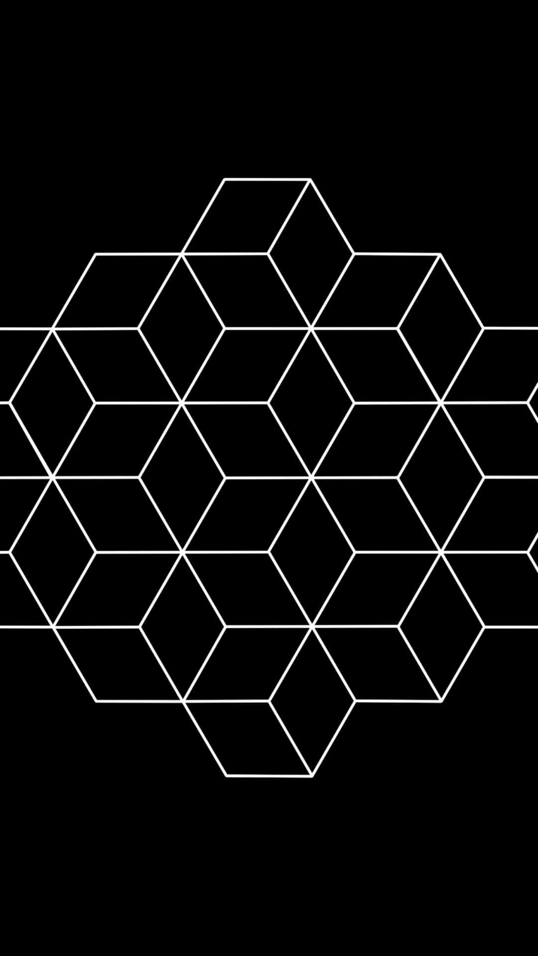Black And White Geometric 桌布 壁紙 — 一個極簡幾何圖案，由白色線條在純黑色背景上形成相互連接的立方體。